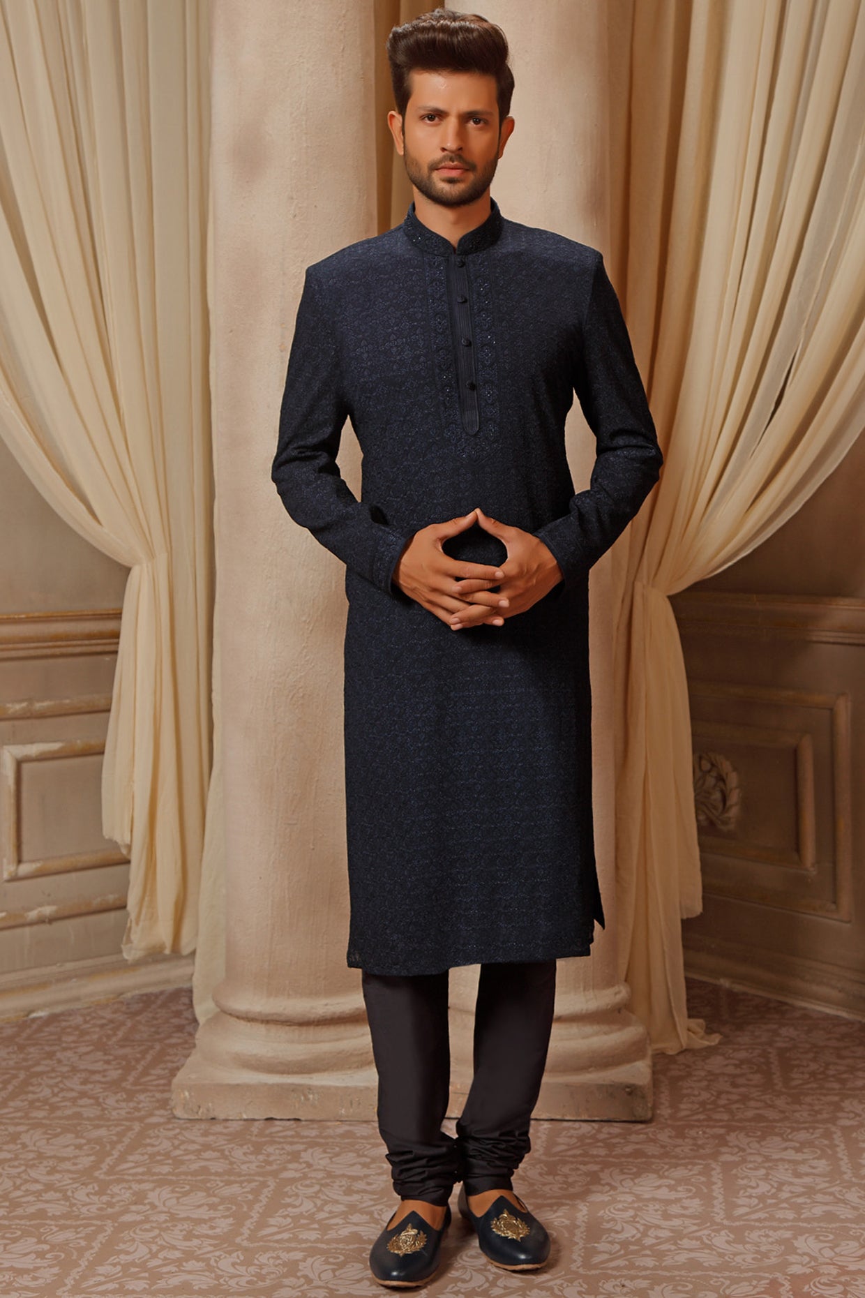 Dark Navy Blue Lucknowi Embroidered Kurta Set