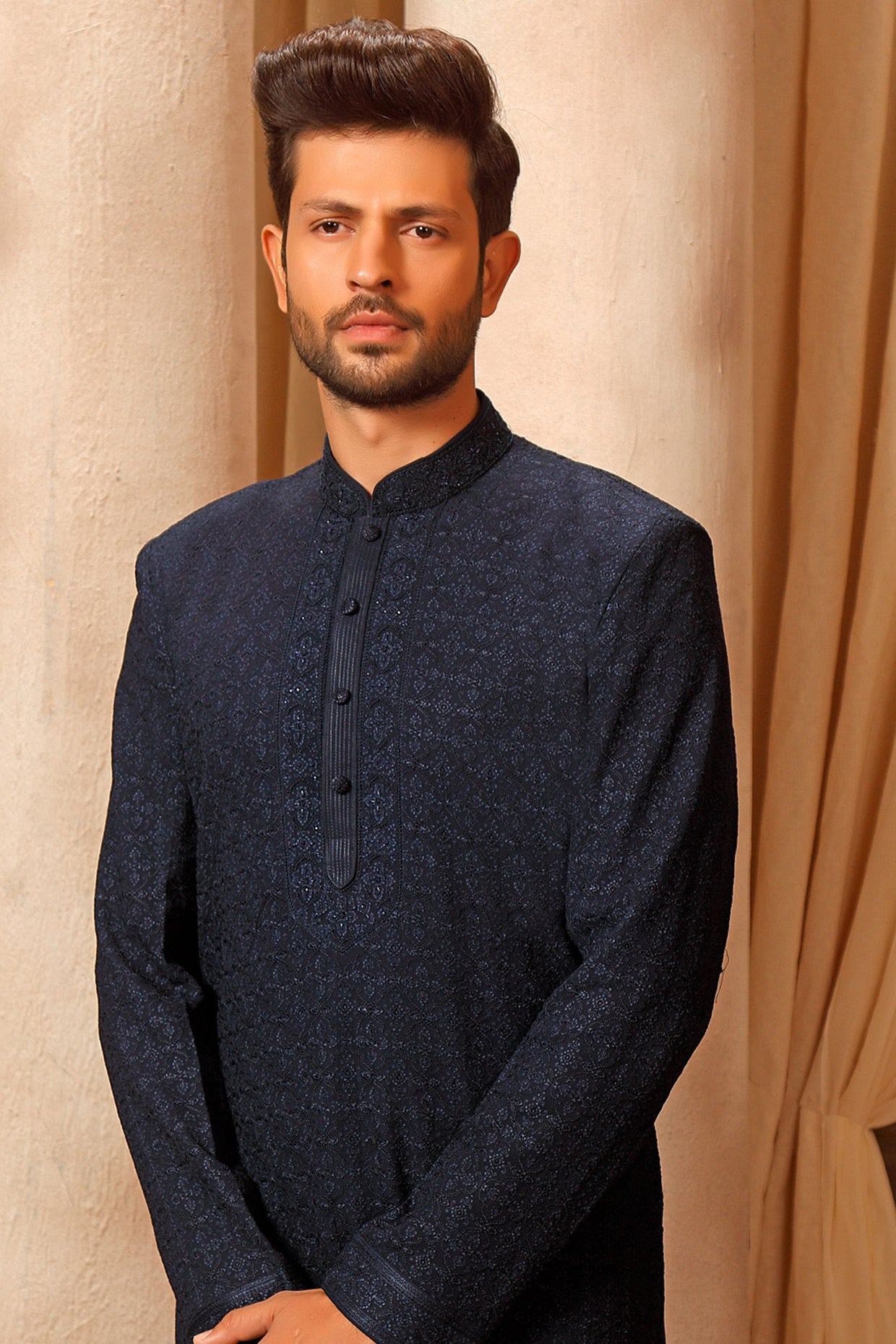 Dark Navy Blue Lucknowi Embroidered Kurta Set