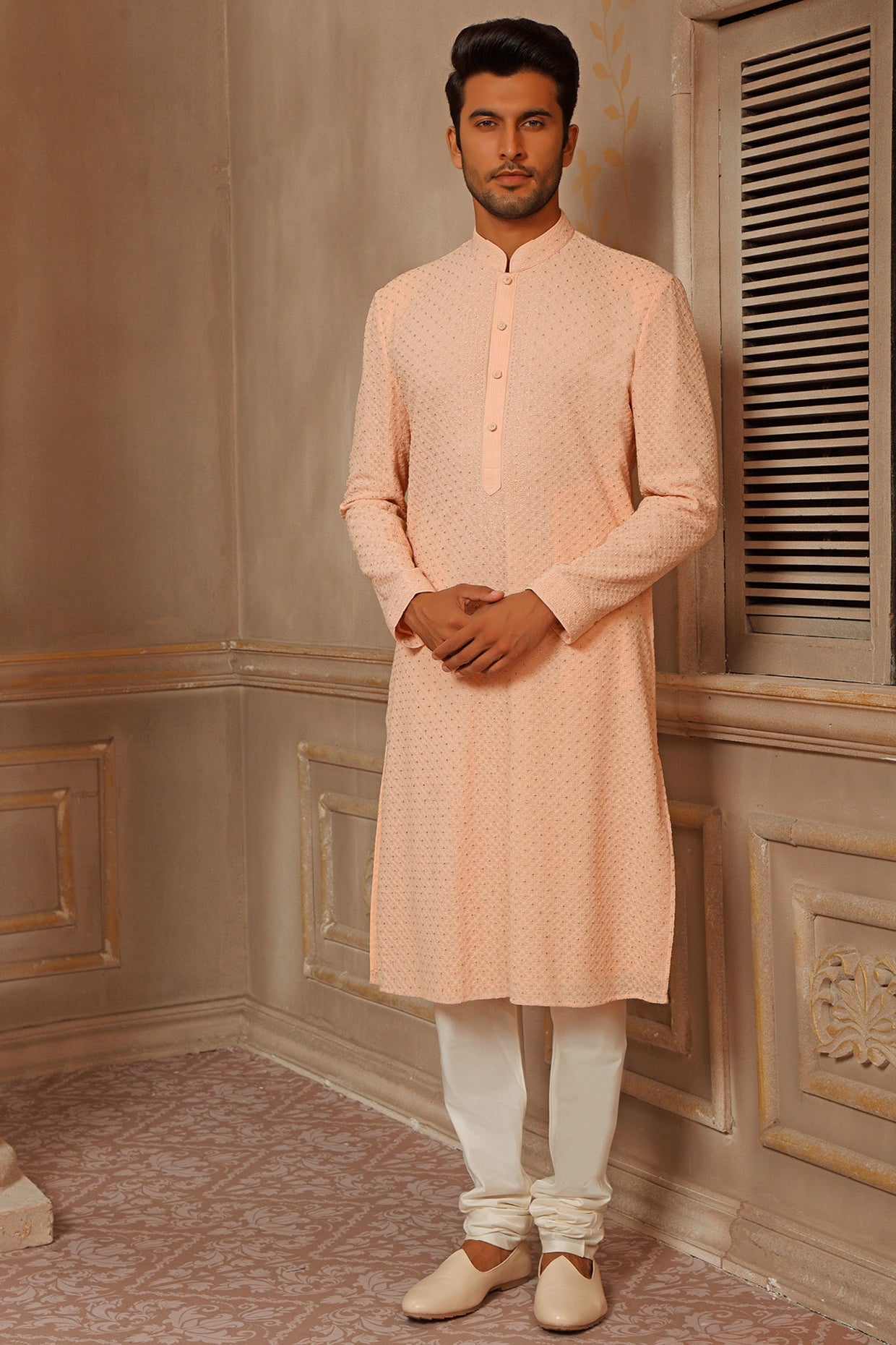 Peach Kurta Set With Lucknowi Embroidery