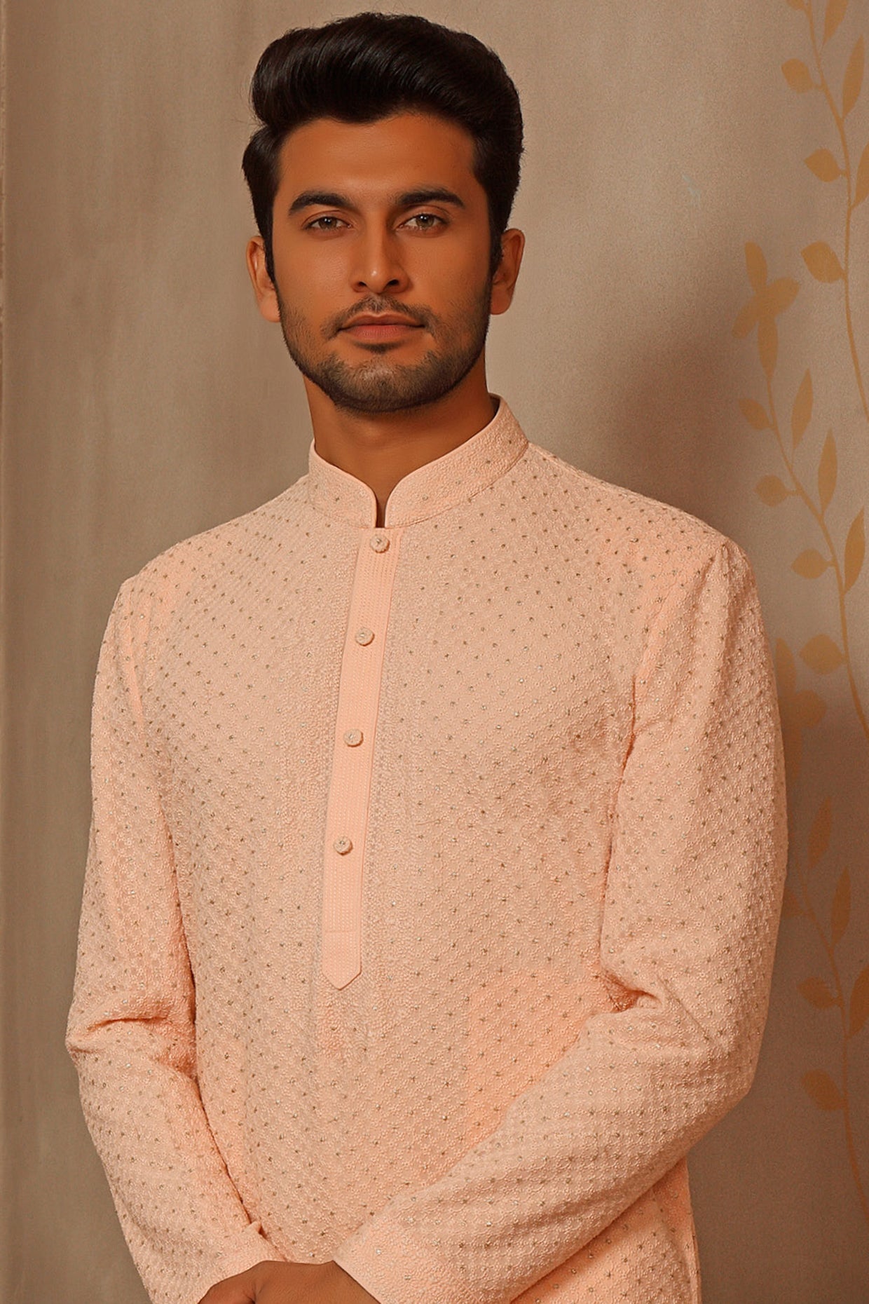 Peach Kurta Set With Lucknowi Embroidery