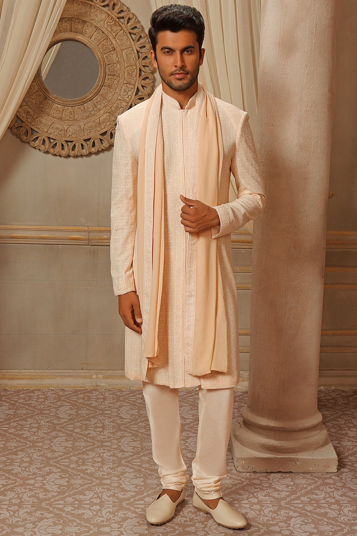 Blush Peach Lucknowi Embroidered Sherwani Set