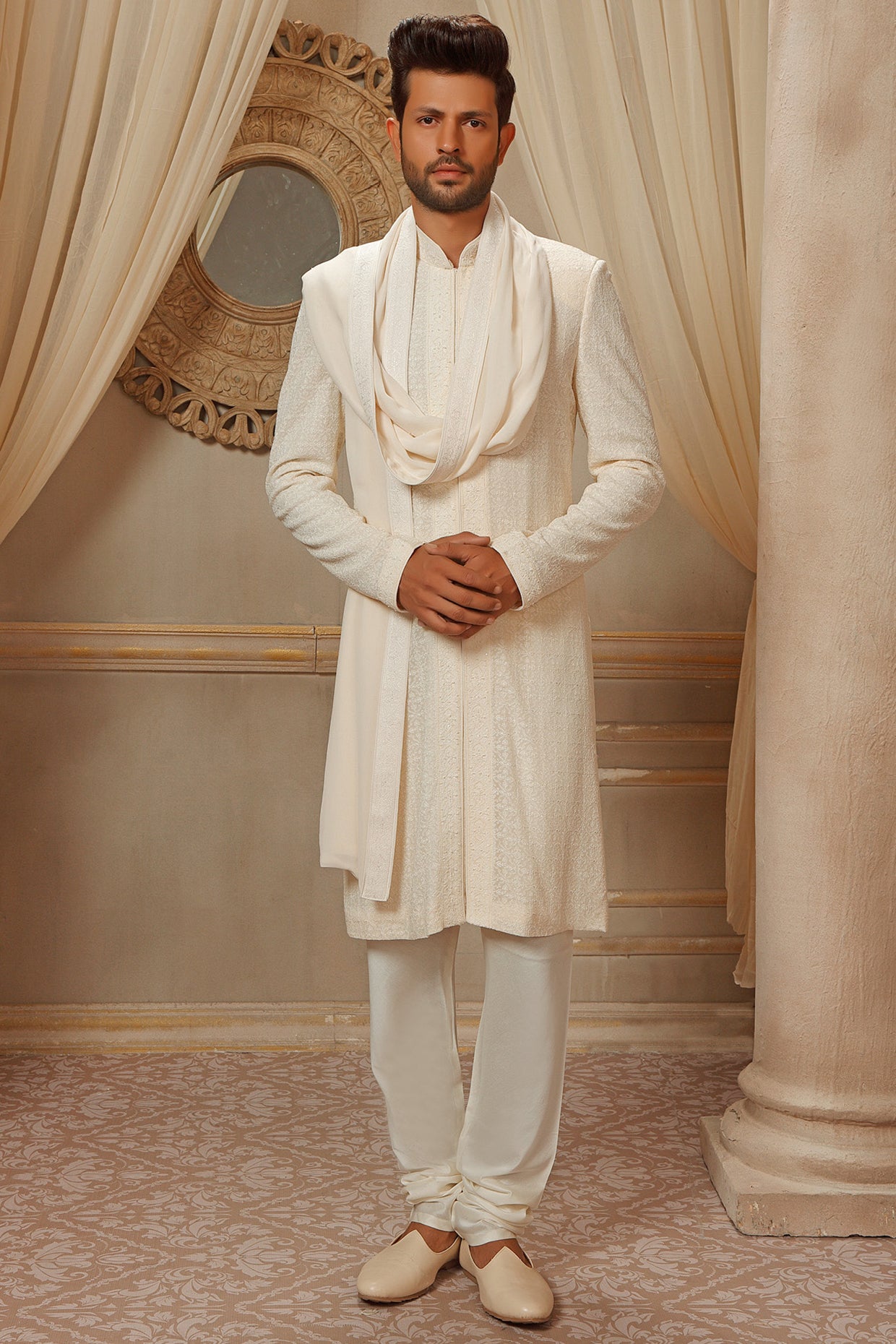 Pearl White Lucknowi Embroidered Sherwani Set