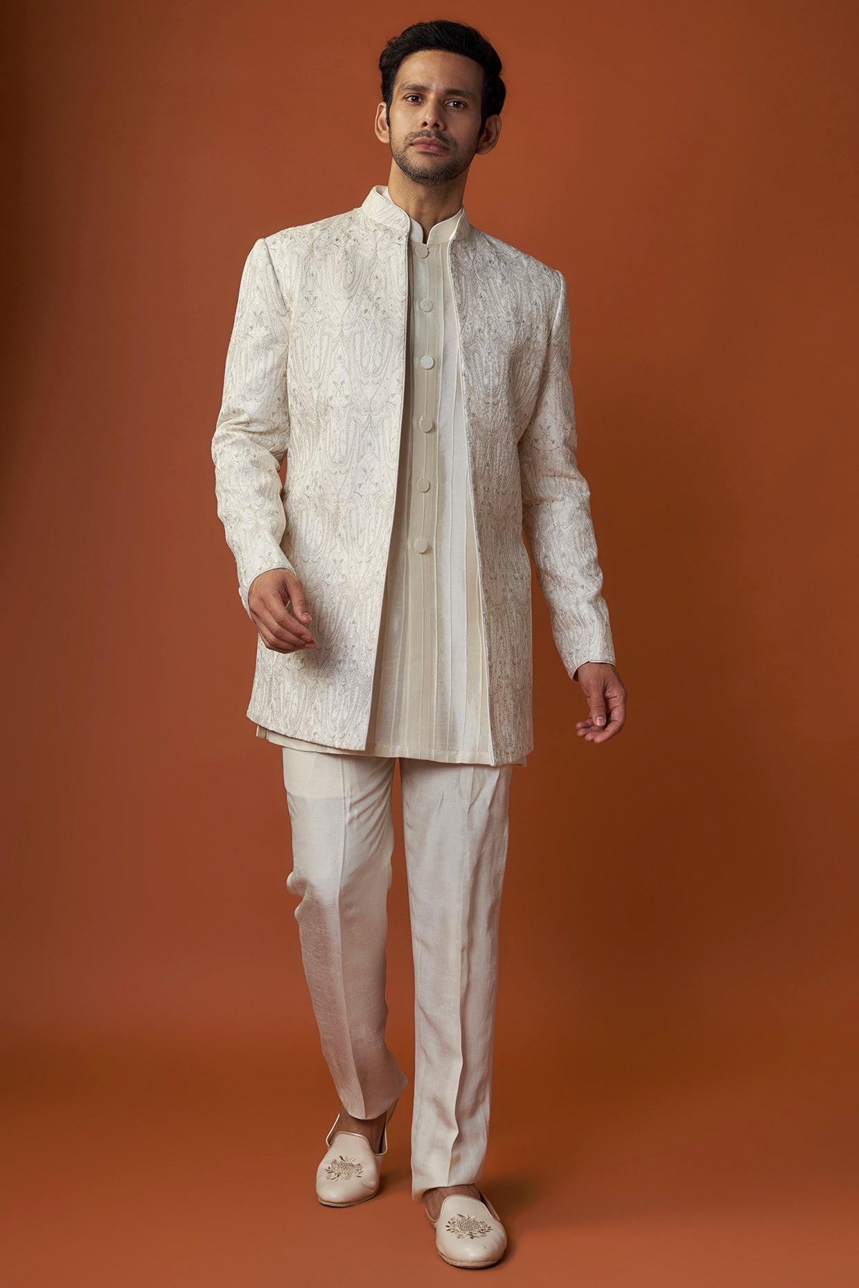 Ivory Soft Silk Paisley Embroidered Indowestern Set