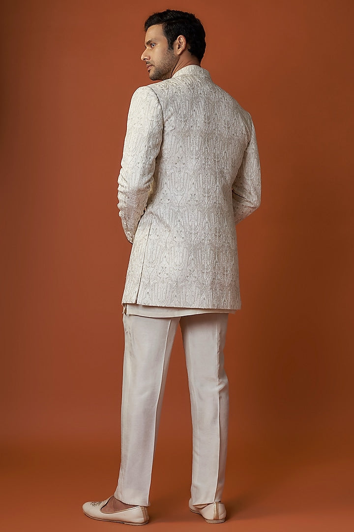 Ivory Soft Silk Paisley Embroidered Indowestern Set