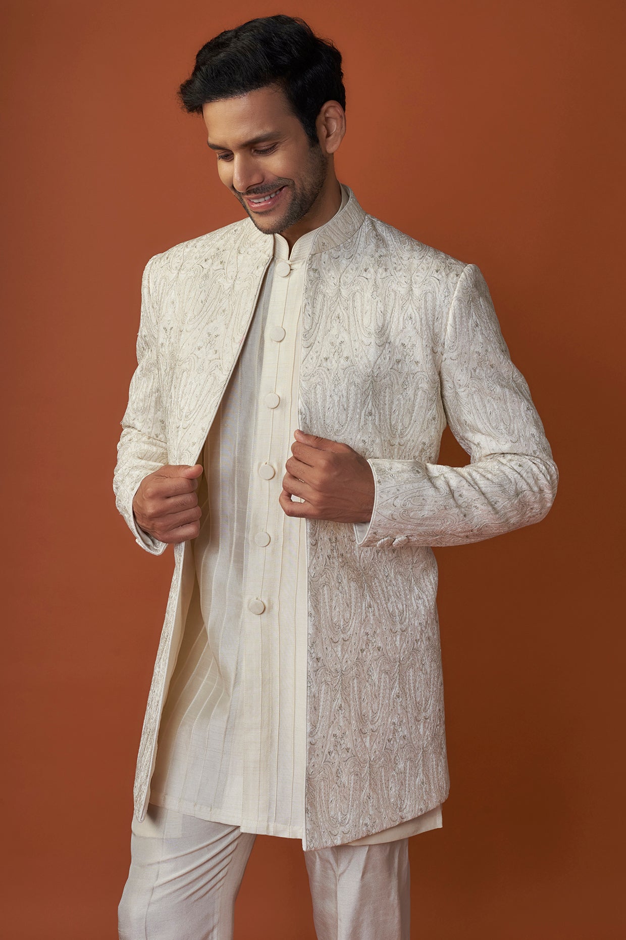 Ivory Soft Silk Paisley Embroidered Indowestern Set
