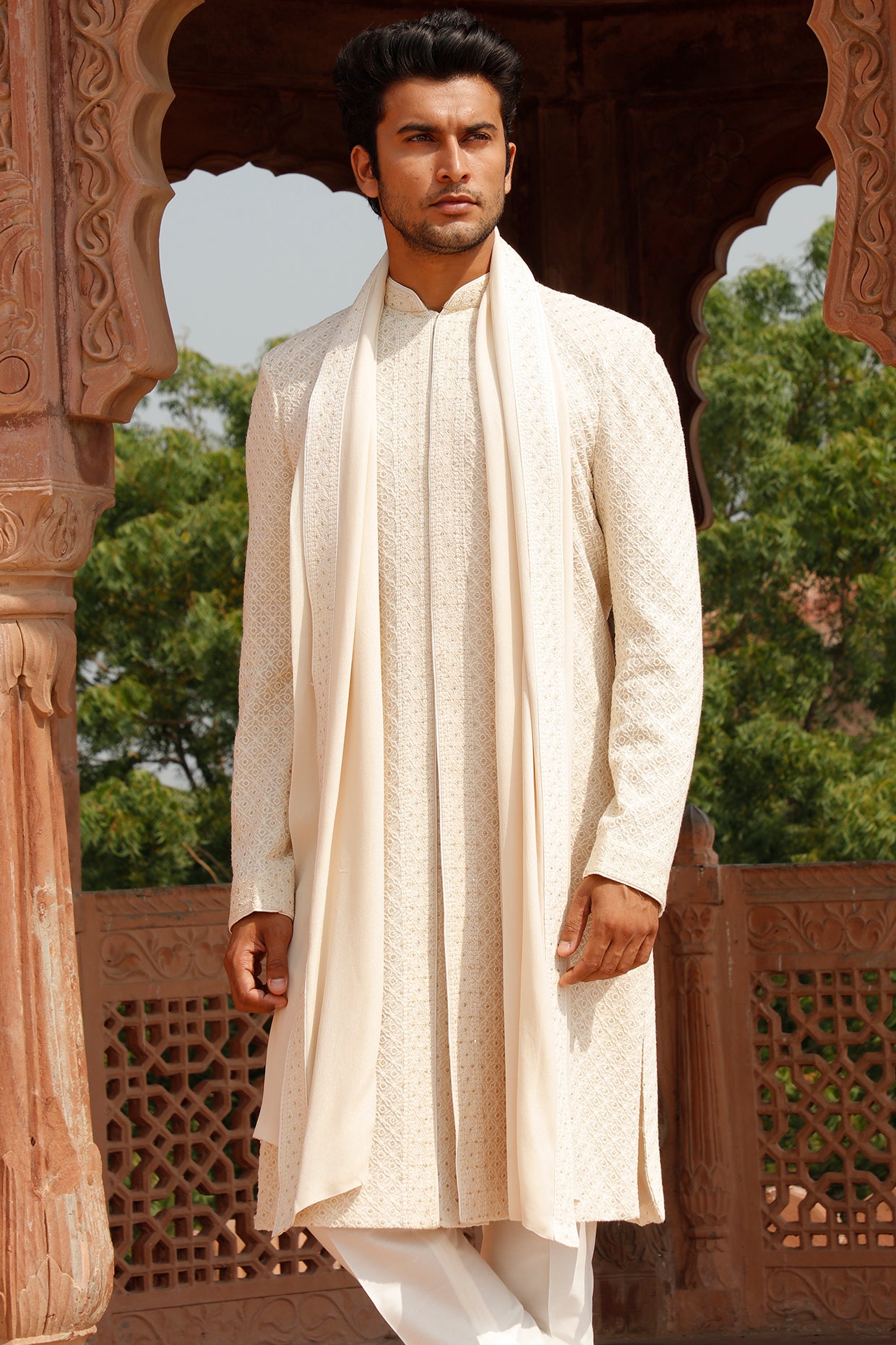 Pearl White Thread Embroidered Sherwani Set