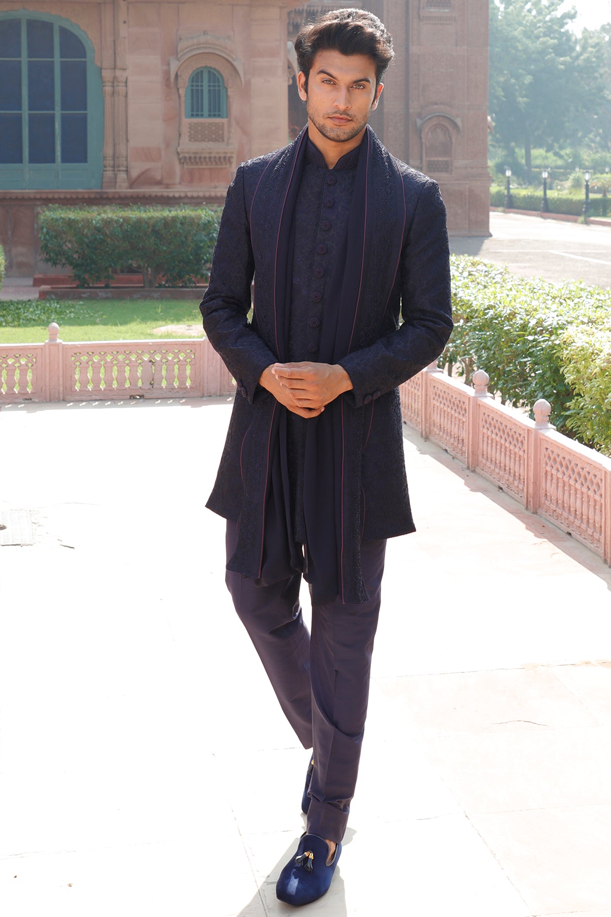 Blue Resham Embroidered Sherwani Set