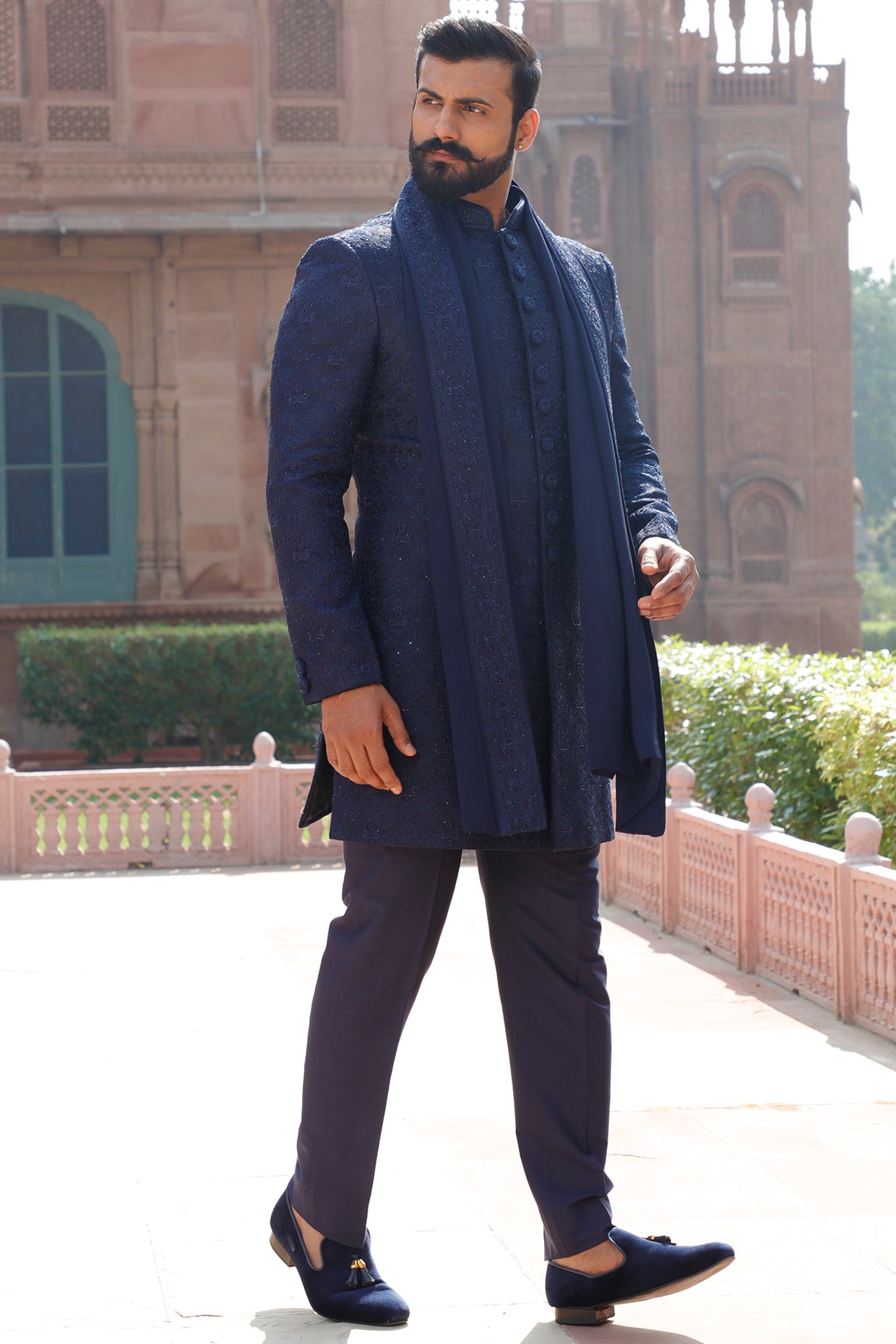 Blue Hand Embroidered Sherwani Set