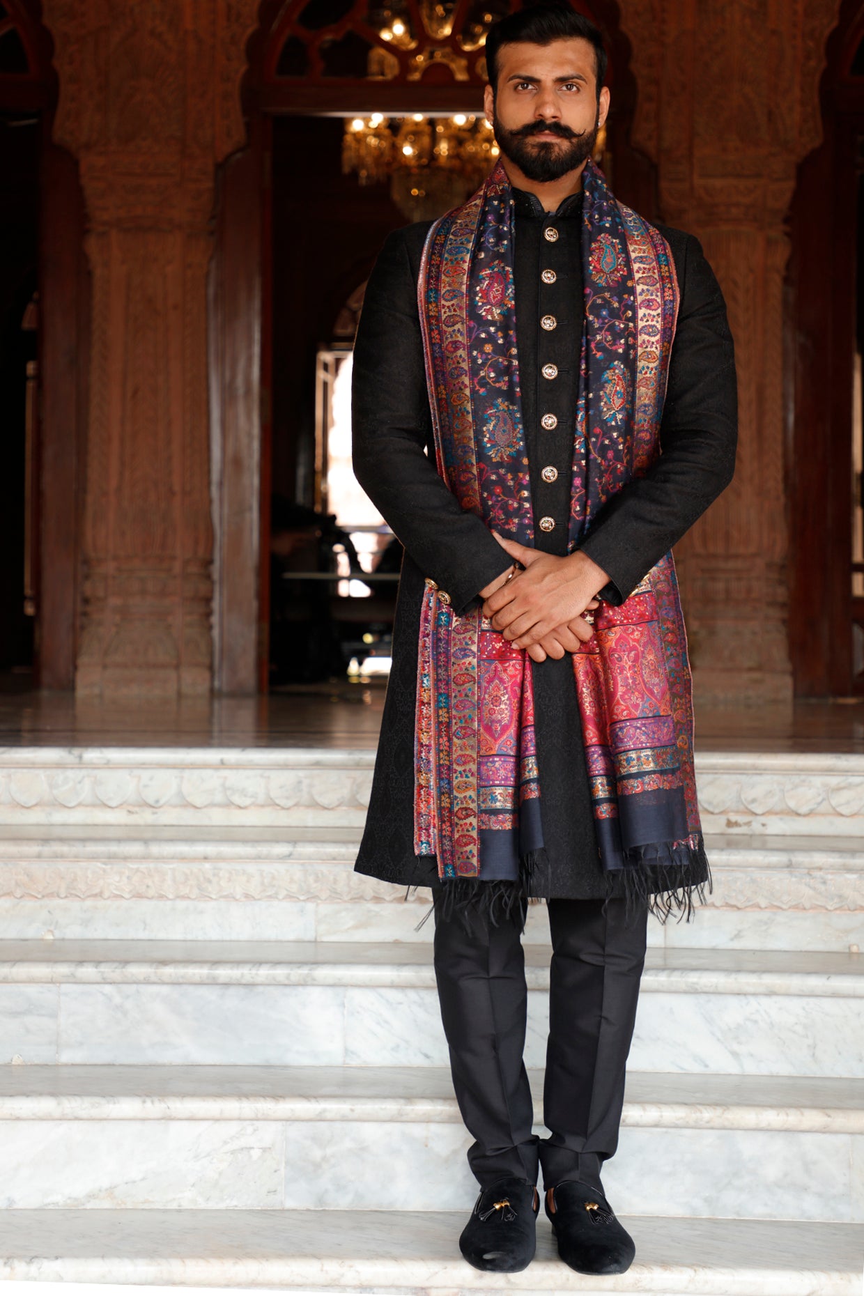 Black Sherwani Set With Meenakari Buttons