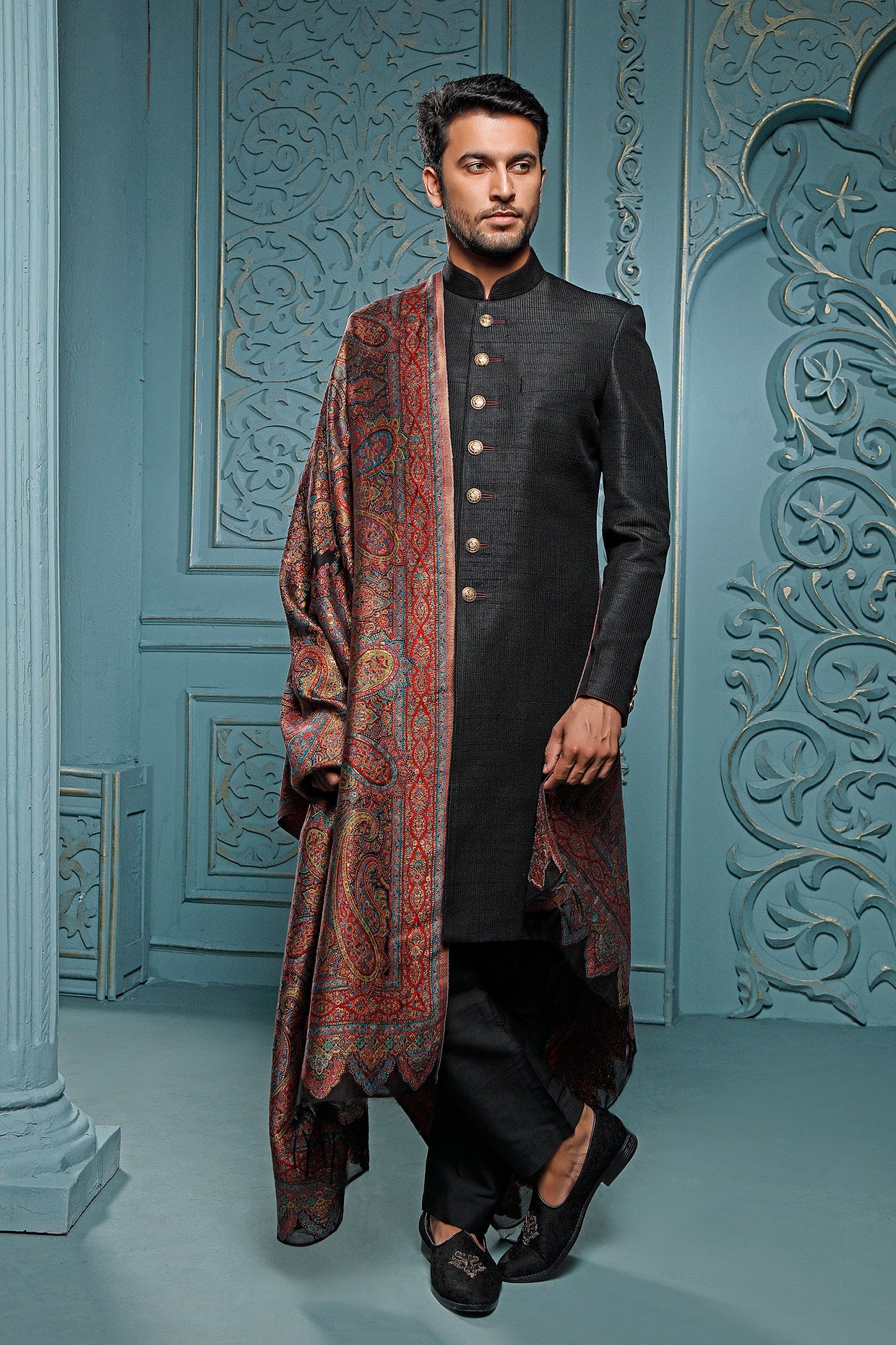 Black Over Stitch Sherwani Set