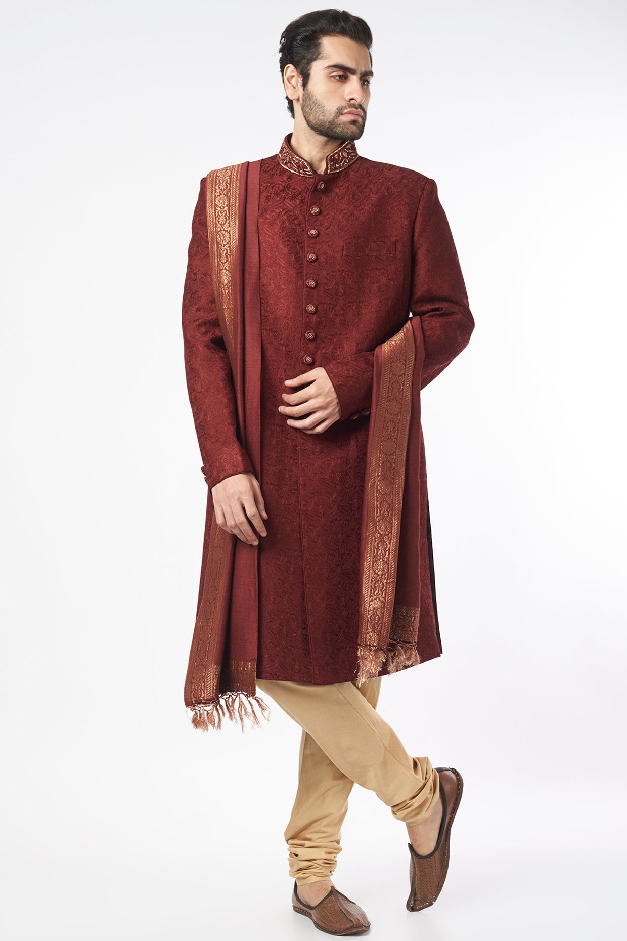 Maroon Embroidered Sherwani Set