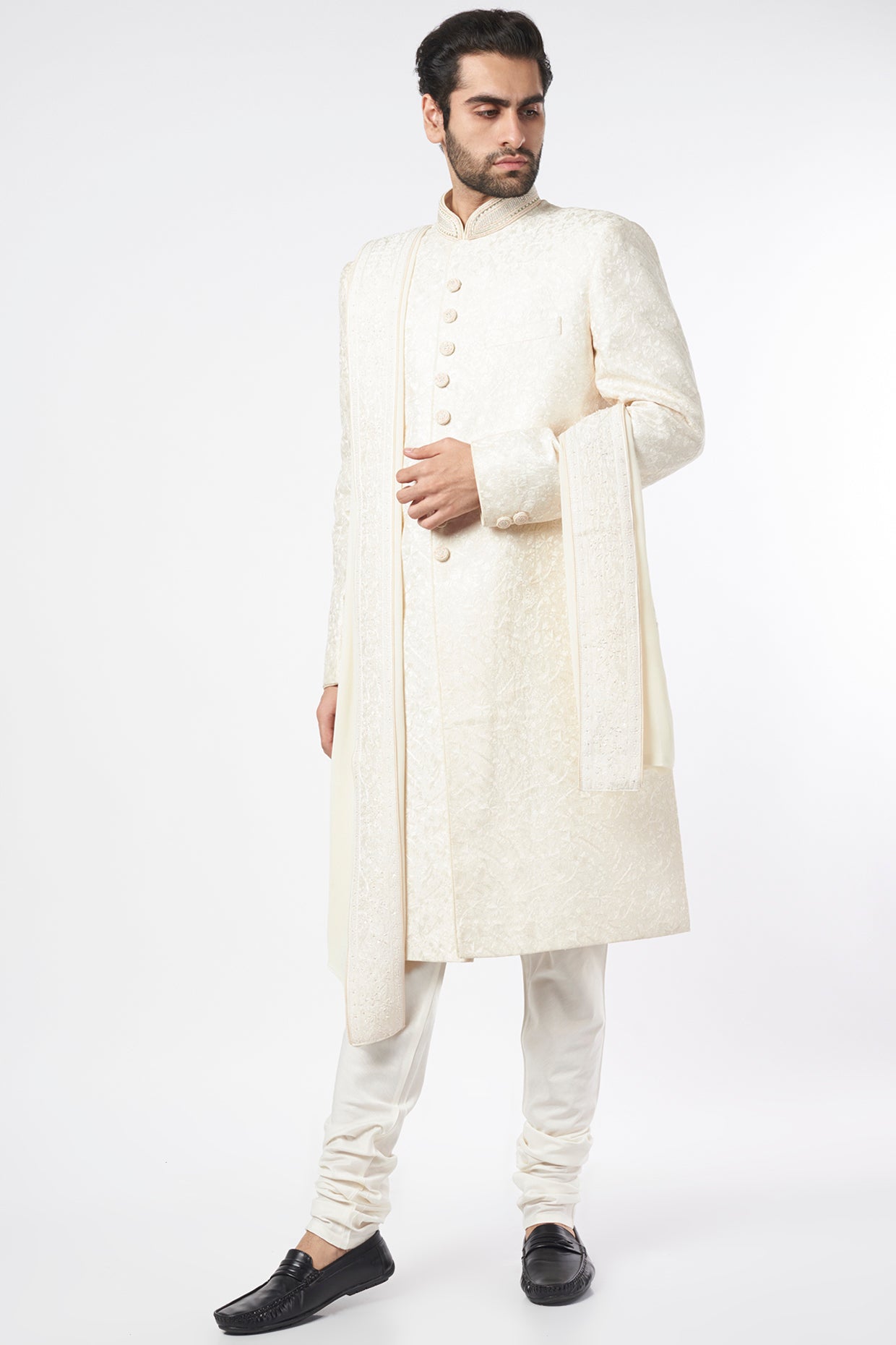 White Chanderi Sherwani Set
