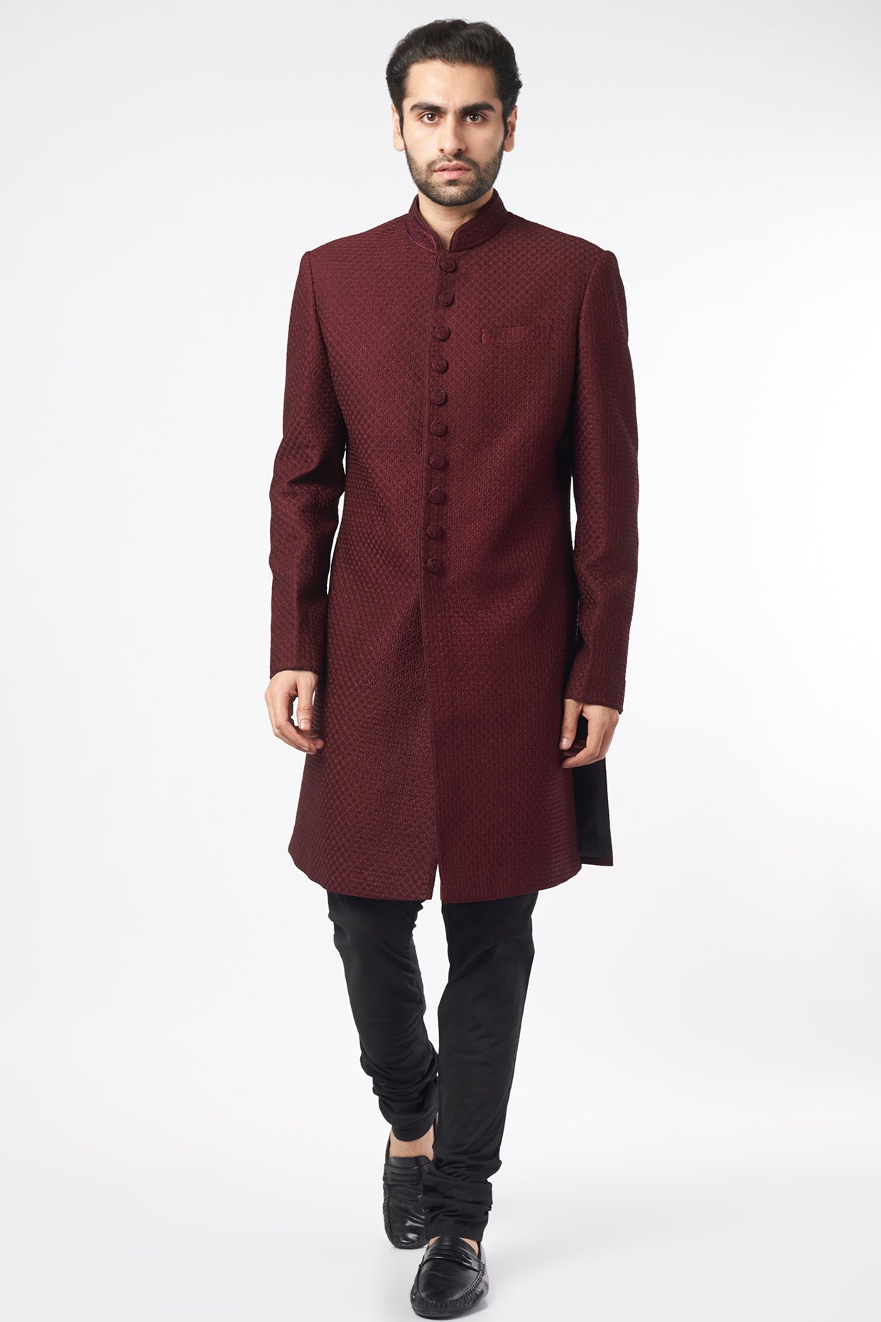 Wine Chanderi Sherwani Set