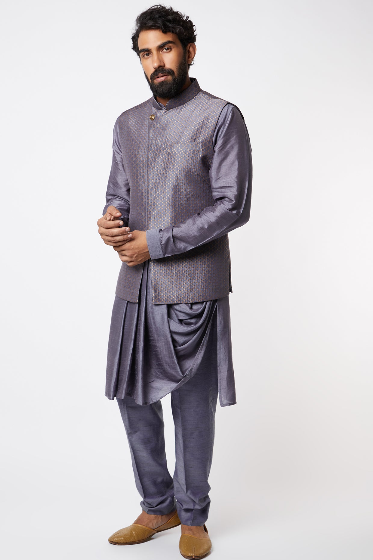 Grey Brocade Silk Kurta Set