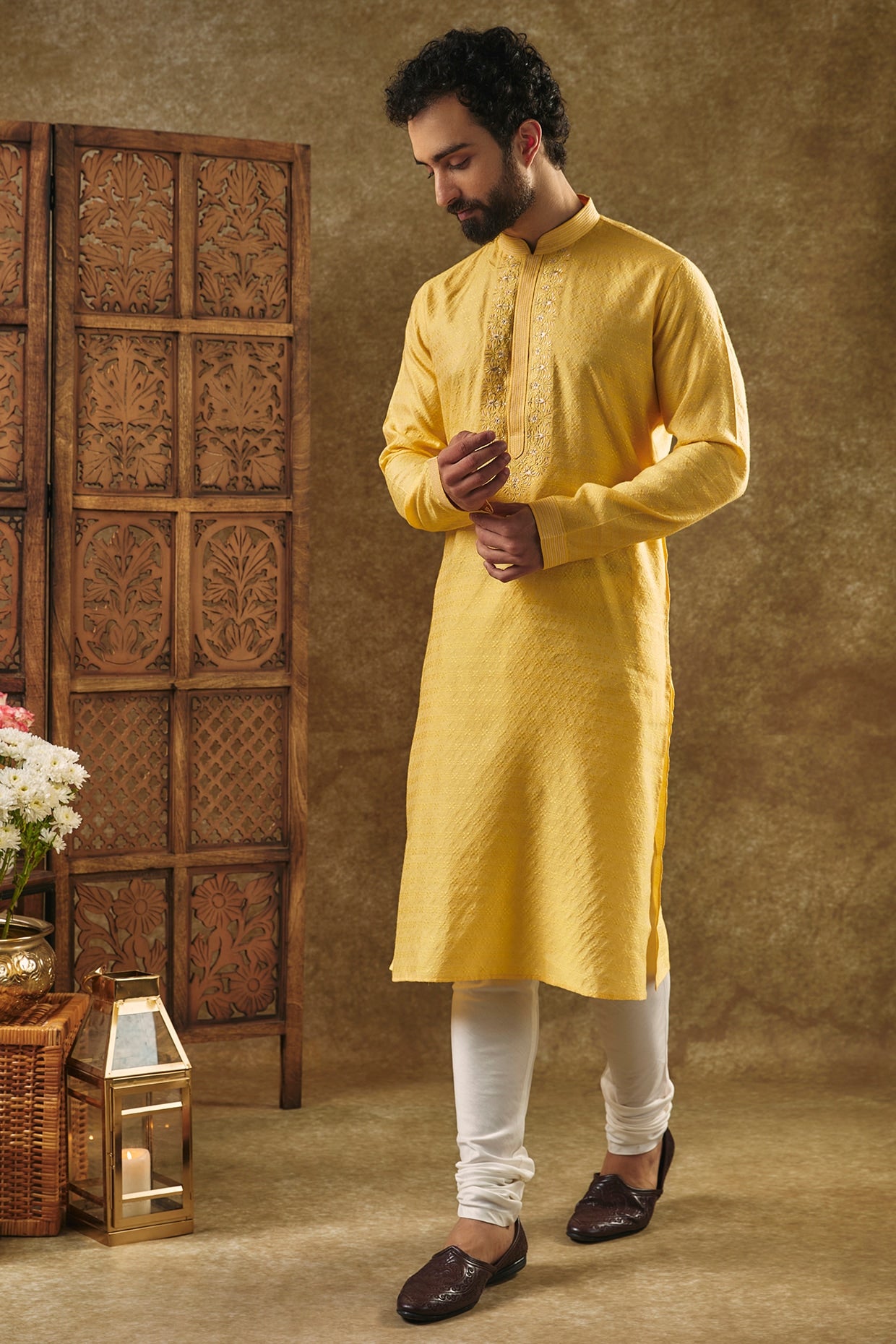 Yellow Silk Jacquard Kurta Set