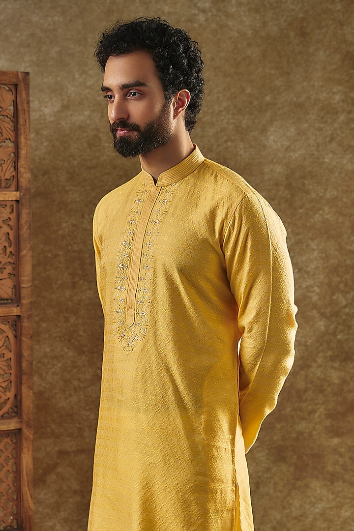 Yellow Silk Jacquard Kurta Set