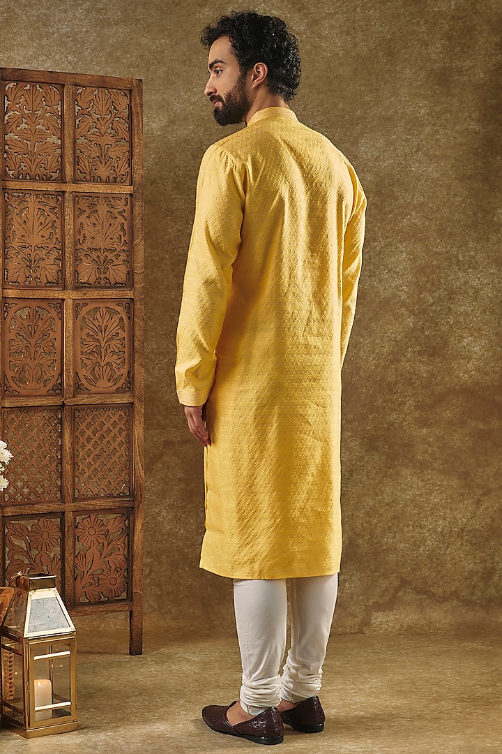 Yellow Silk Jacquard Kurta Set