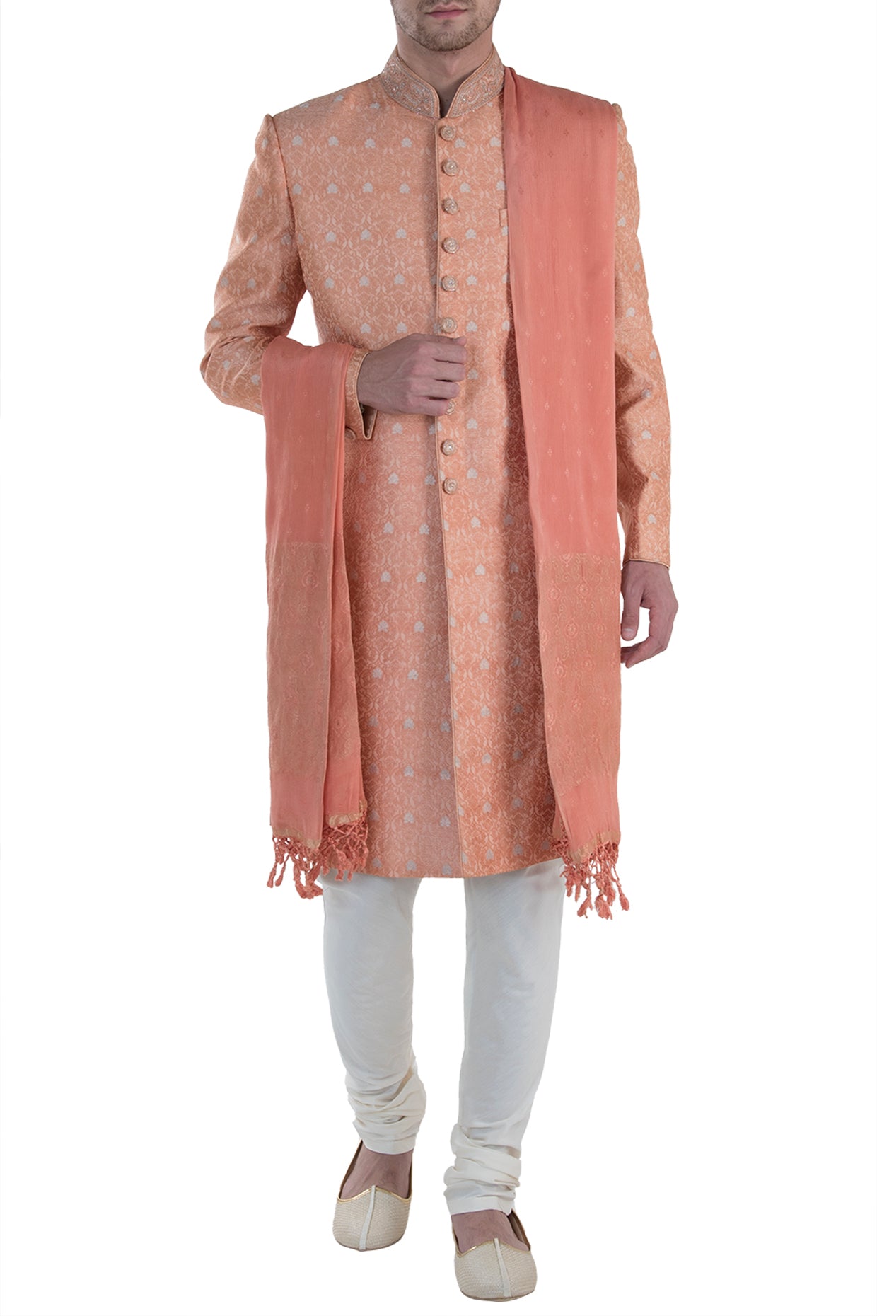 Peach And Cream Sherwani Set