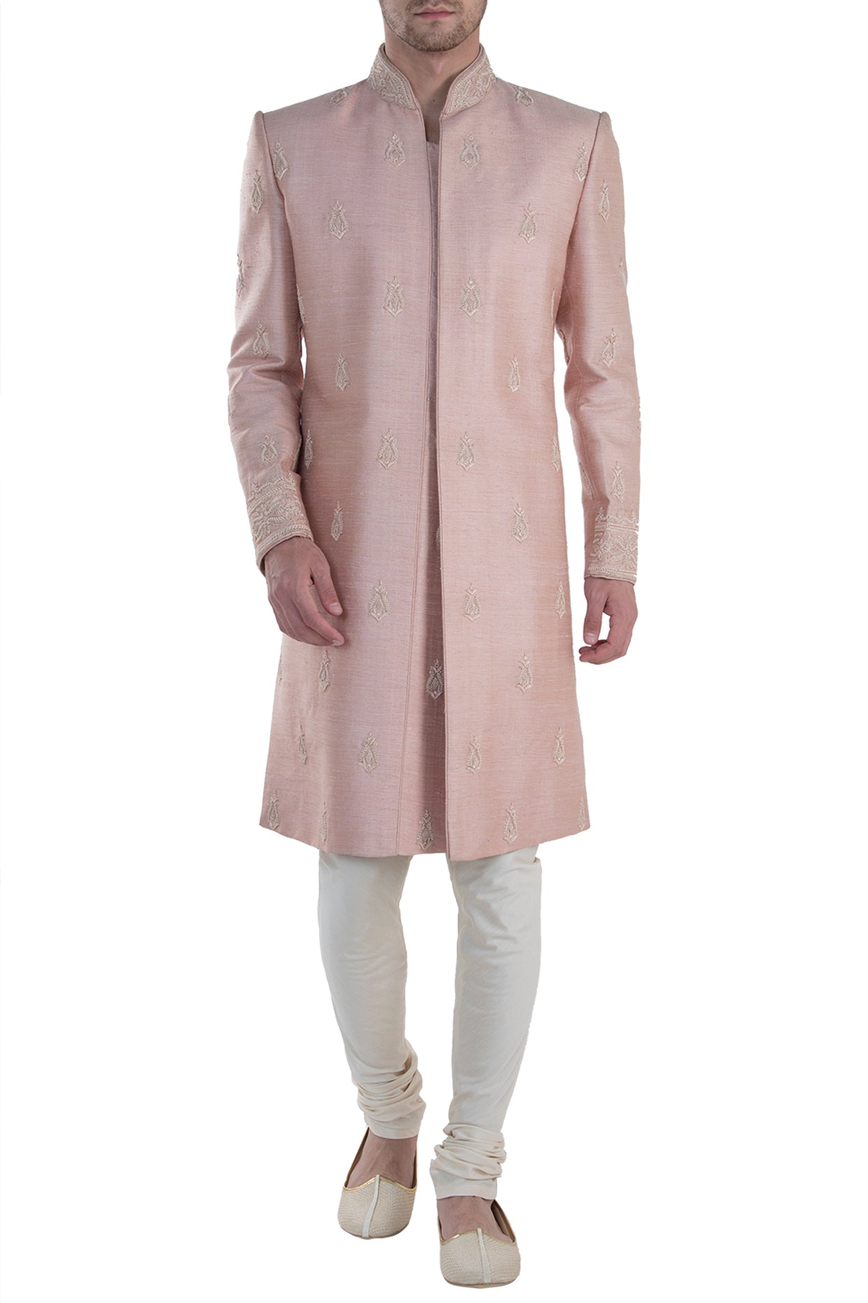 Peach Embroidered Sherwani With Churidar Pants