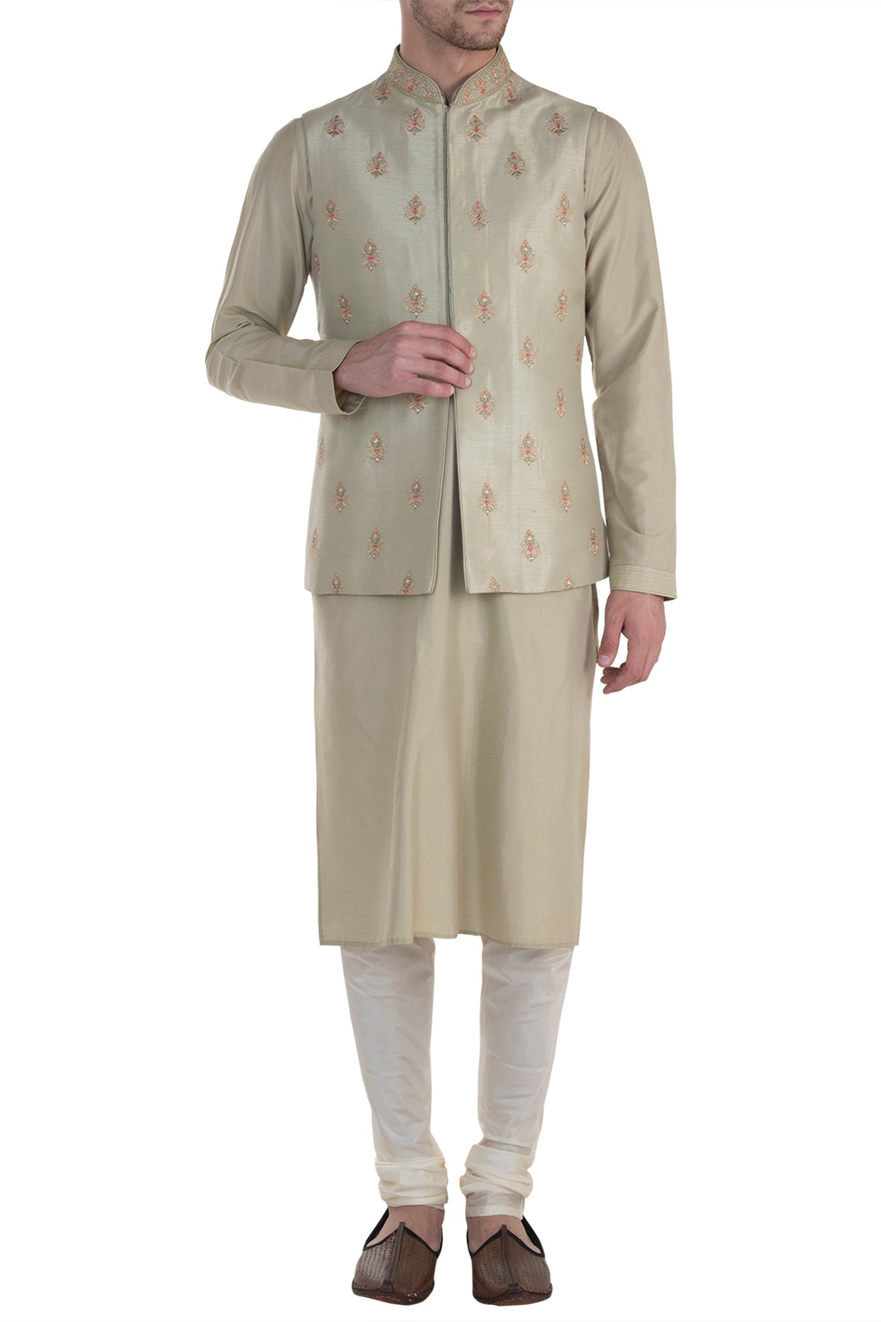 Mint Embroidered Waist Coat With Kurta And Pants