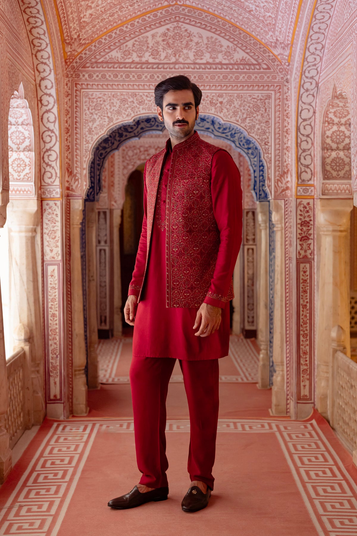 Vermillon Red Kurta Bundi Set