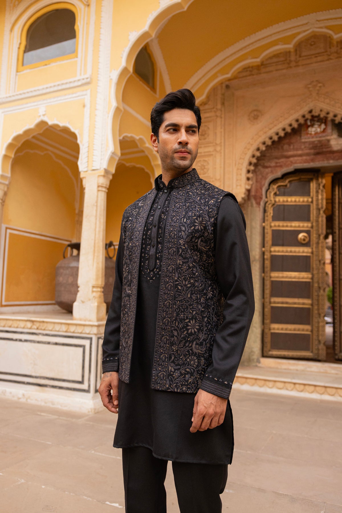Black/Grey Kurta Bundi Set