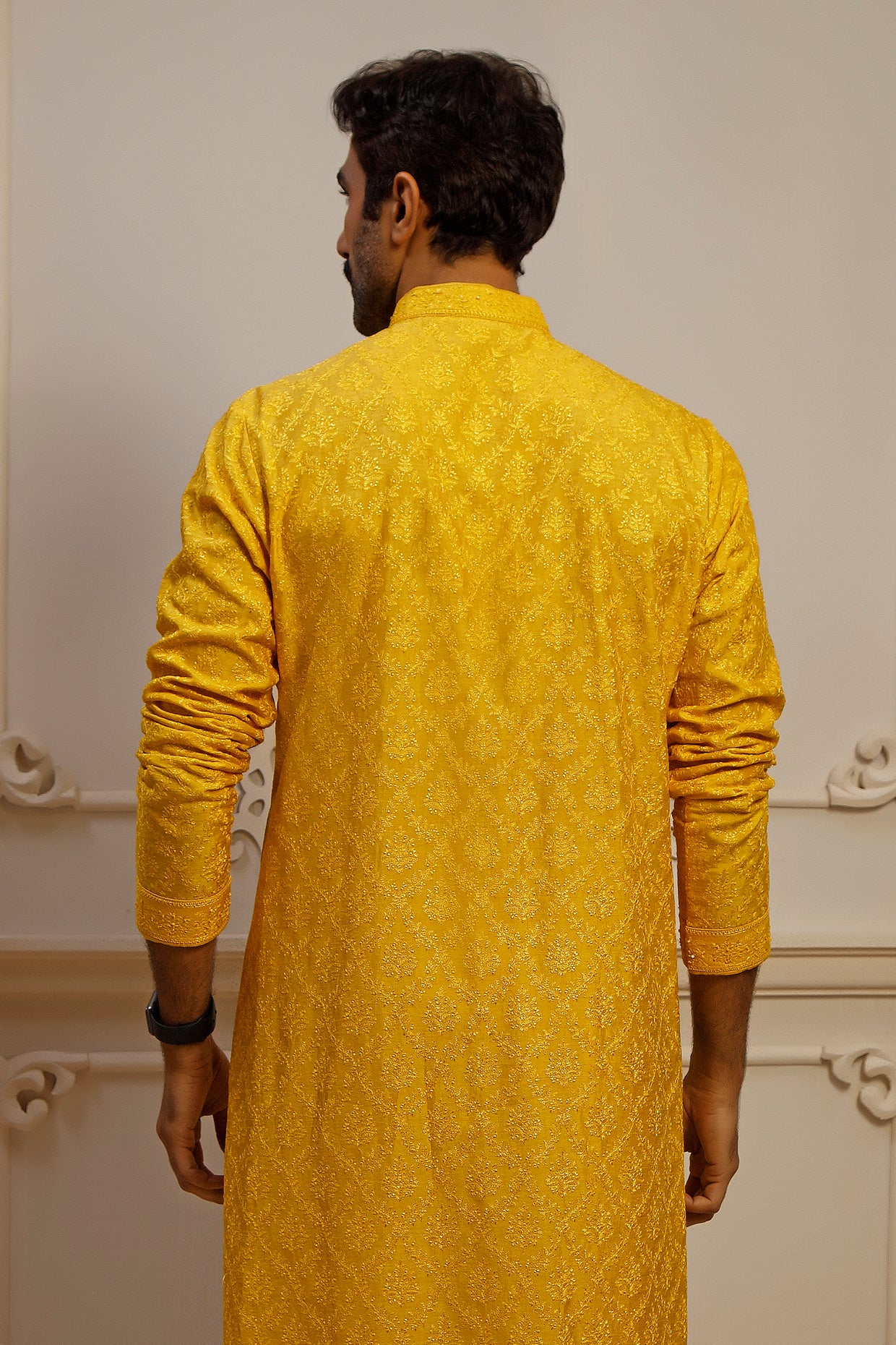 Yellow Dupion Silk Jaal Embroidered Kurta Set