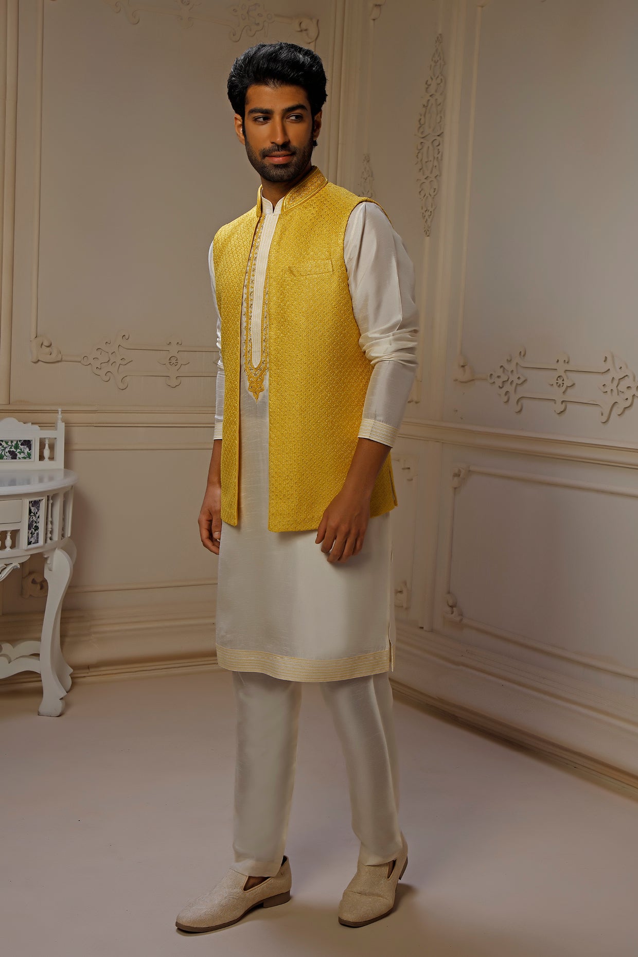 Yellow Spun Silk Resham Embroidered Indowestern Set