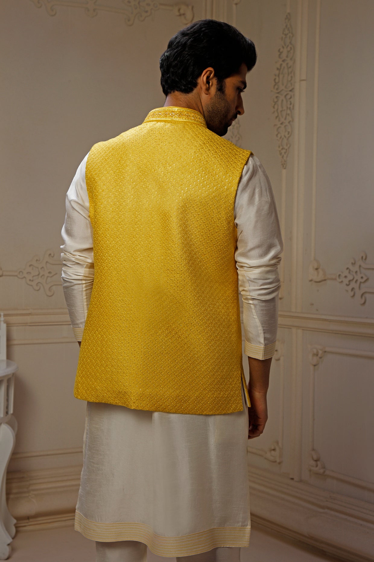 Yellow Spun Silk Resham Embroidered Indowestern Set