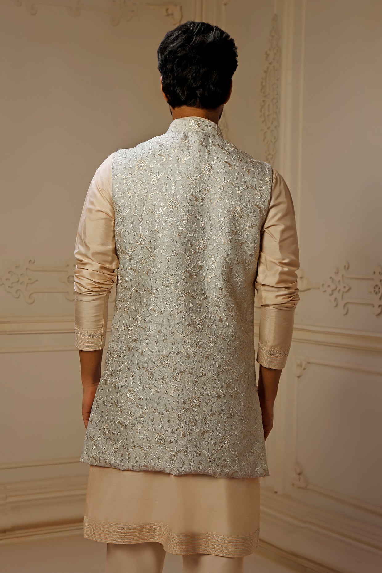 Mint Dupion Silk Digital Embroidered Bundi Jacket Set