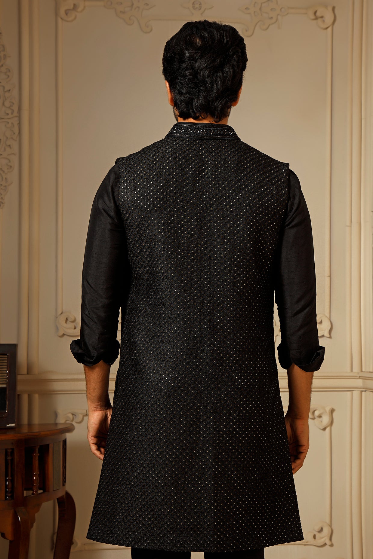 Black Soft Silk Resham Embroidered Indowestern Set