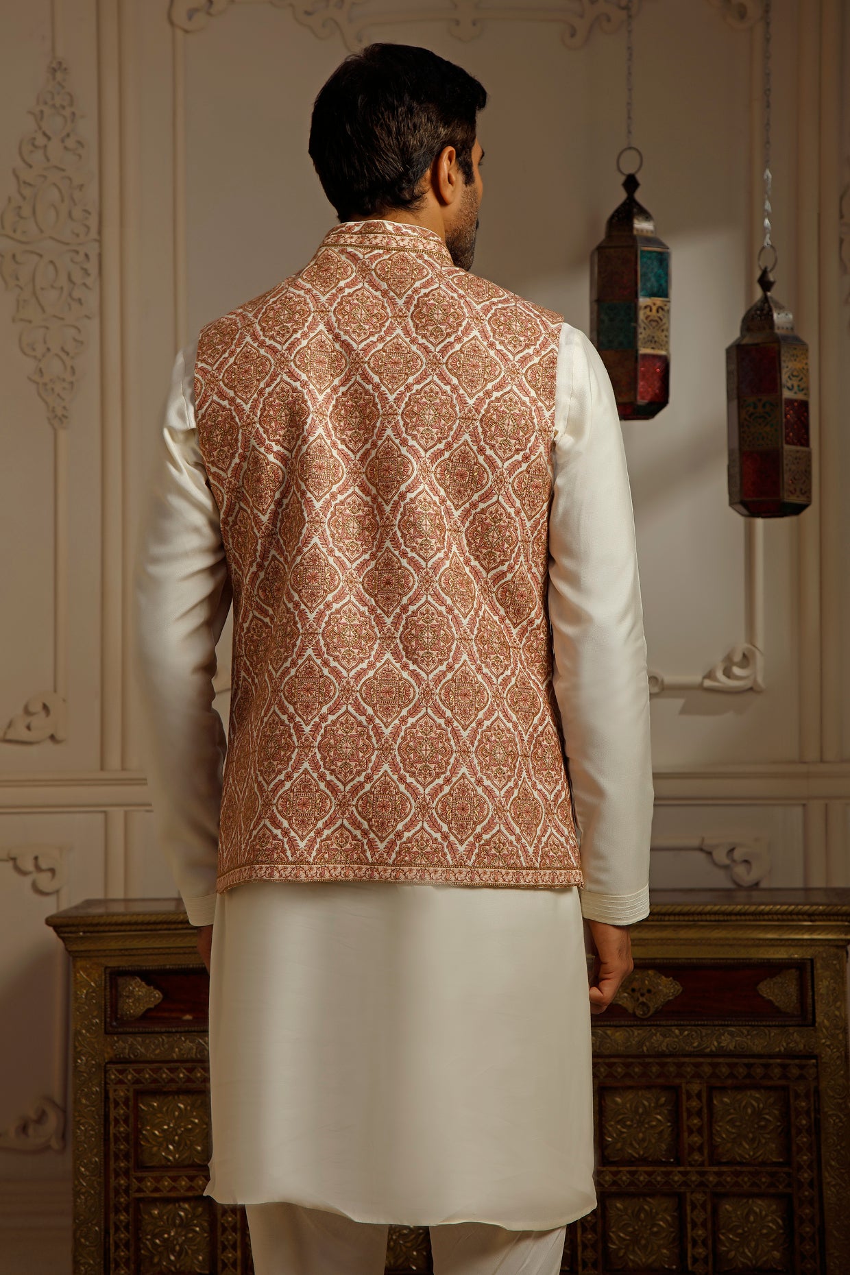 Cream Pashmina Blend Kashmiri Embroidered Bundi Jacket Set