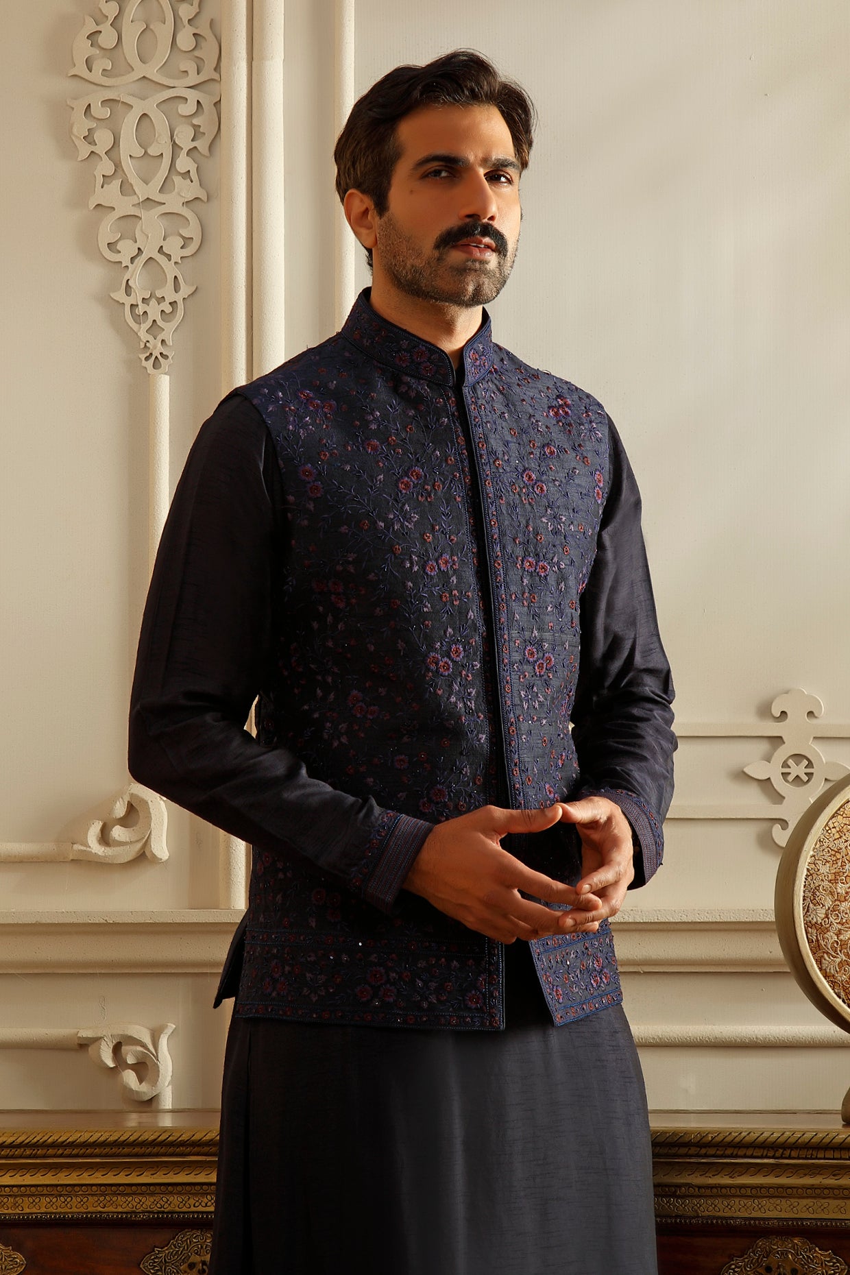 Blue Raw Silk Aari Embroidered Bundi Jacket Set