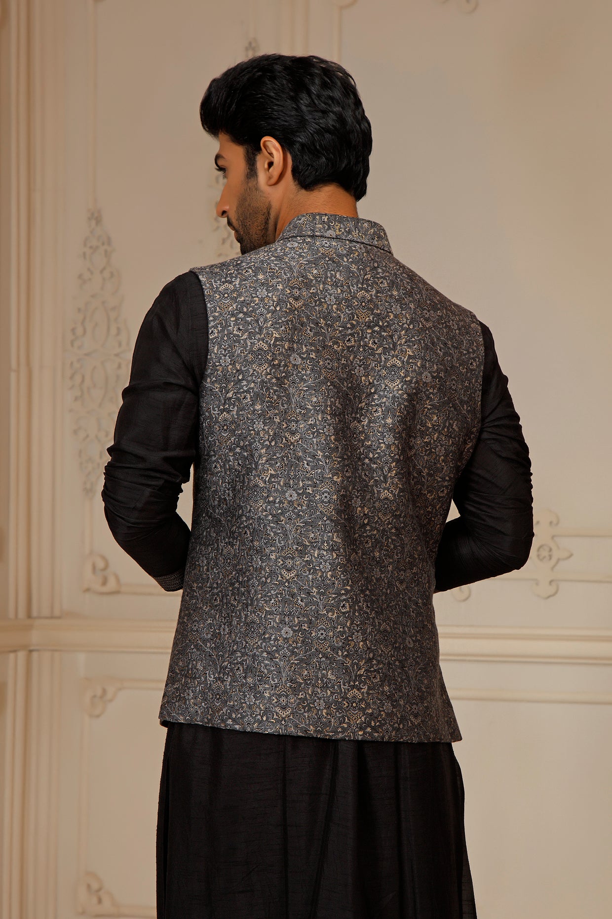 Black and Red Kashmiri Long Jacket with All-Over Hand-Embroidered Paisleys  | Exotic India Art