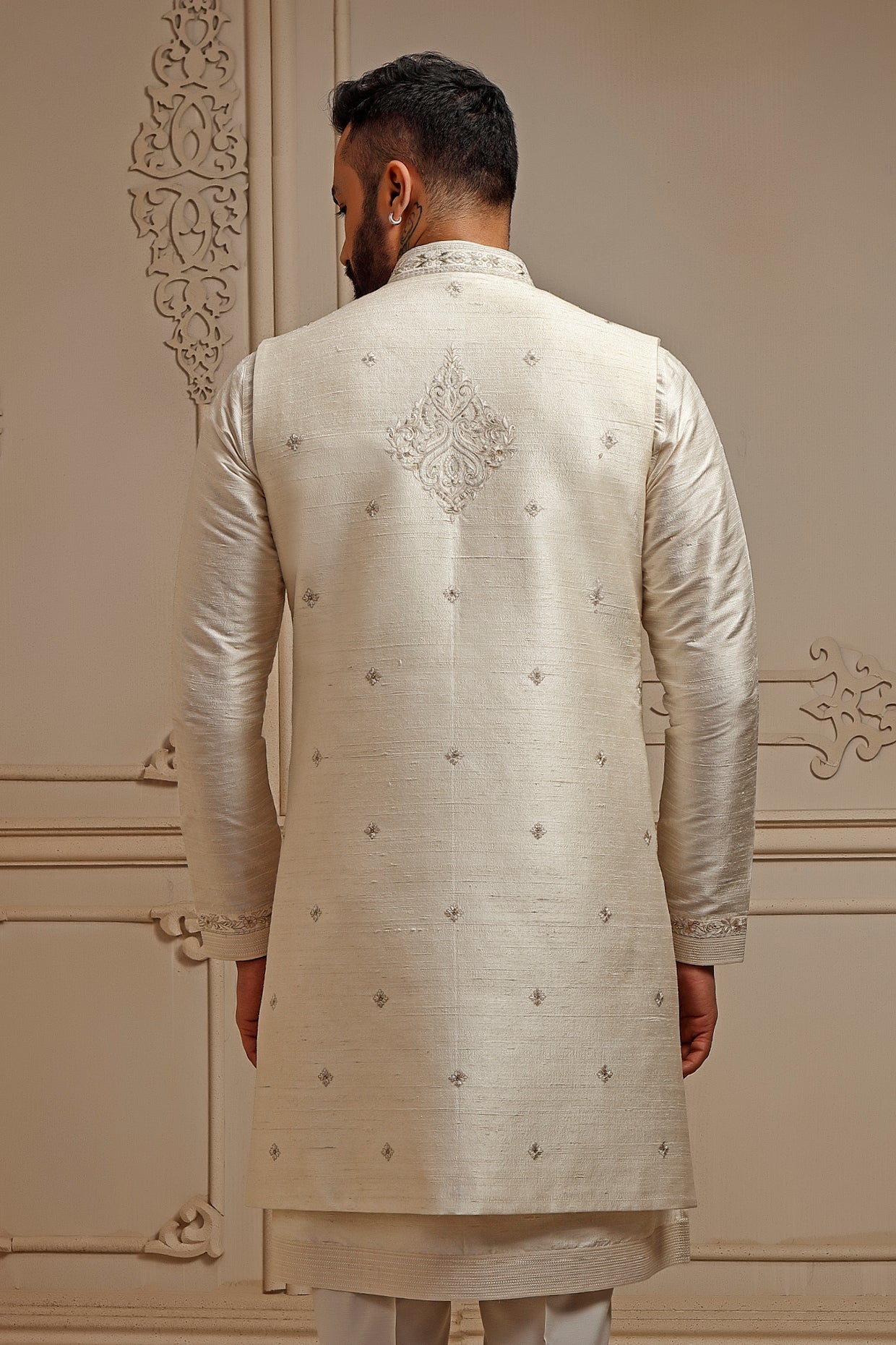 Pearl Raw Silk Resham Embroidered Indowestern Set