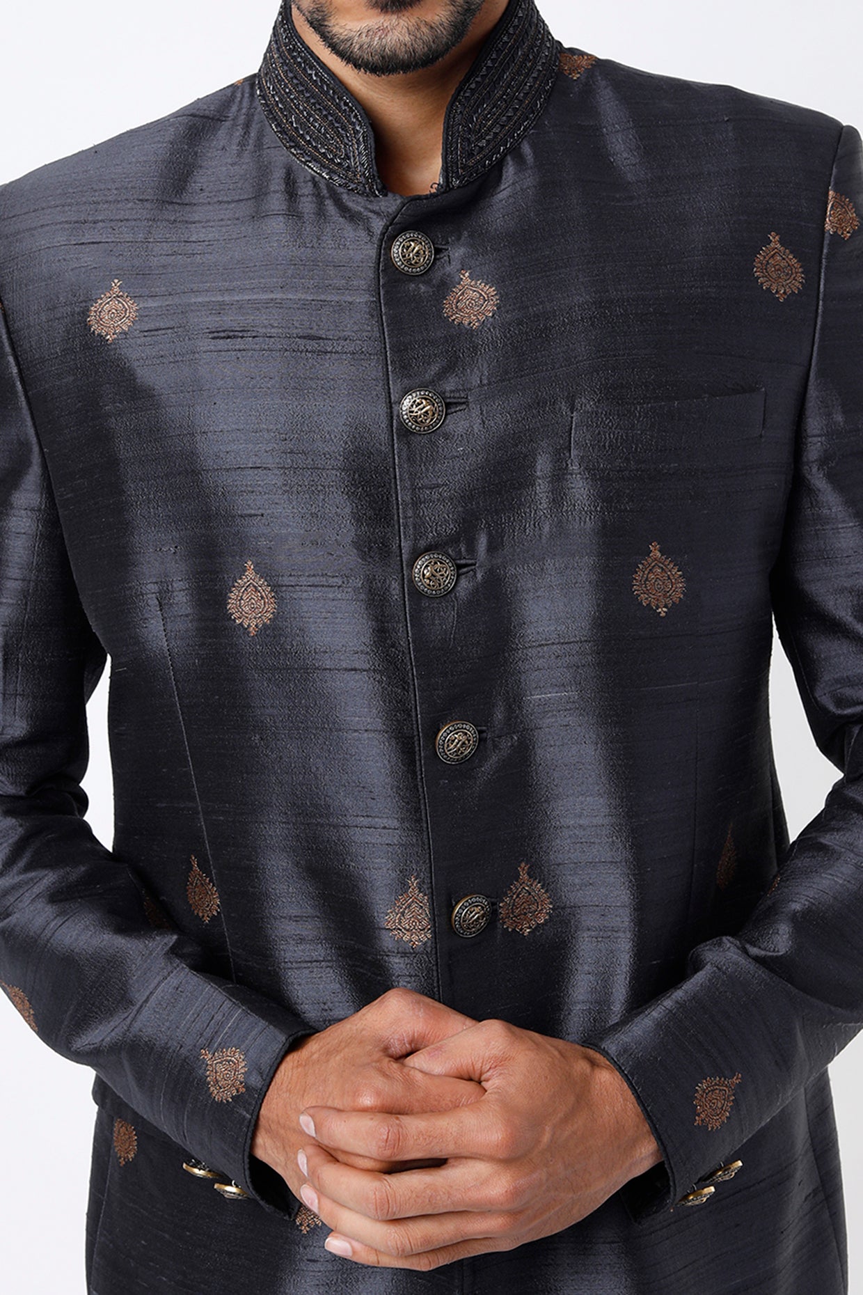 Blue Mens Woven Asymmetric Bandhgala Jodhpuri Jacket 1063MW04