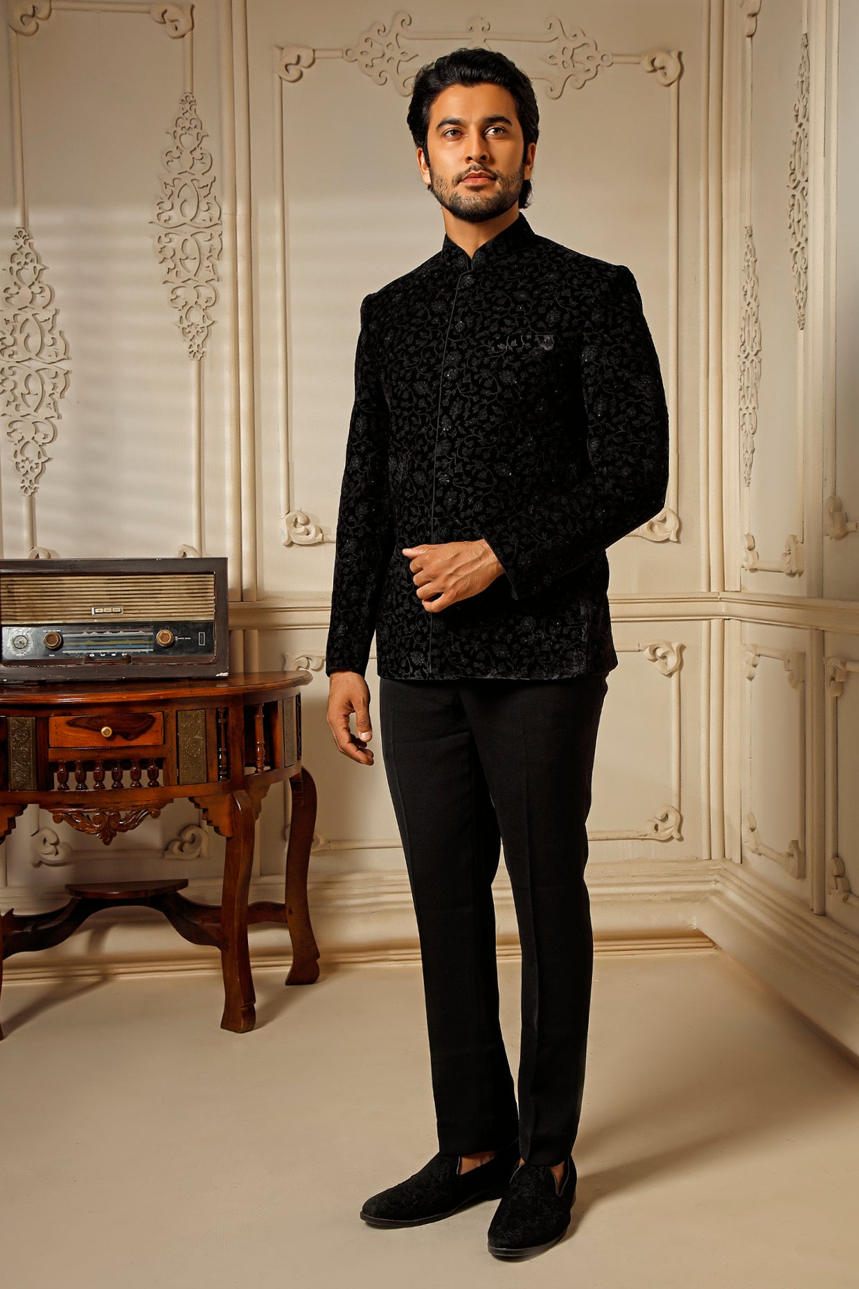 Black Velvet Digital Embroidered Jodhpuri Jacket