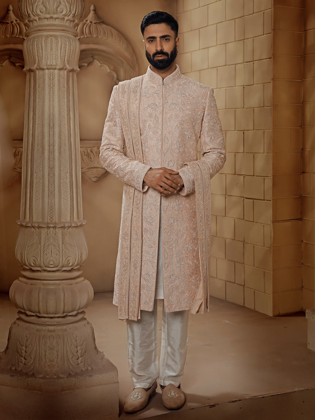 RAWSILK SHERWANI SET WITH ALLOVER EMBROIDERY