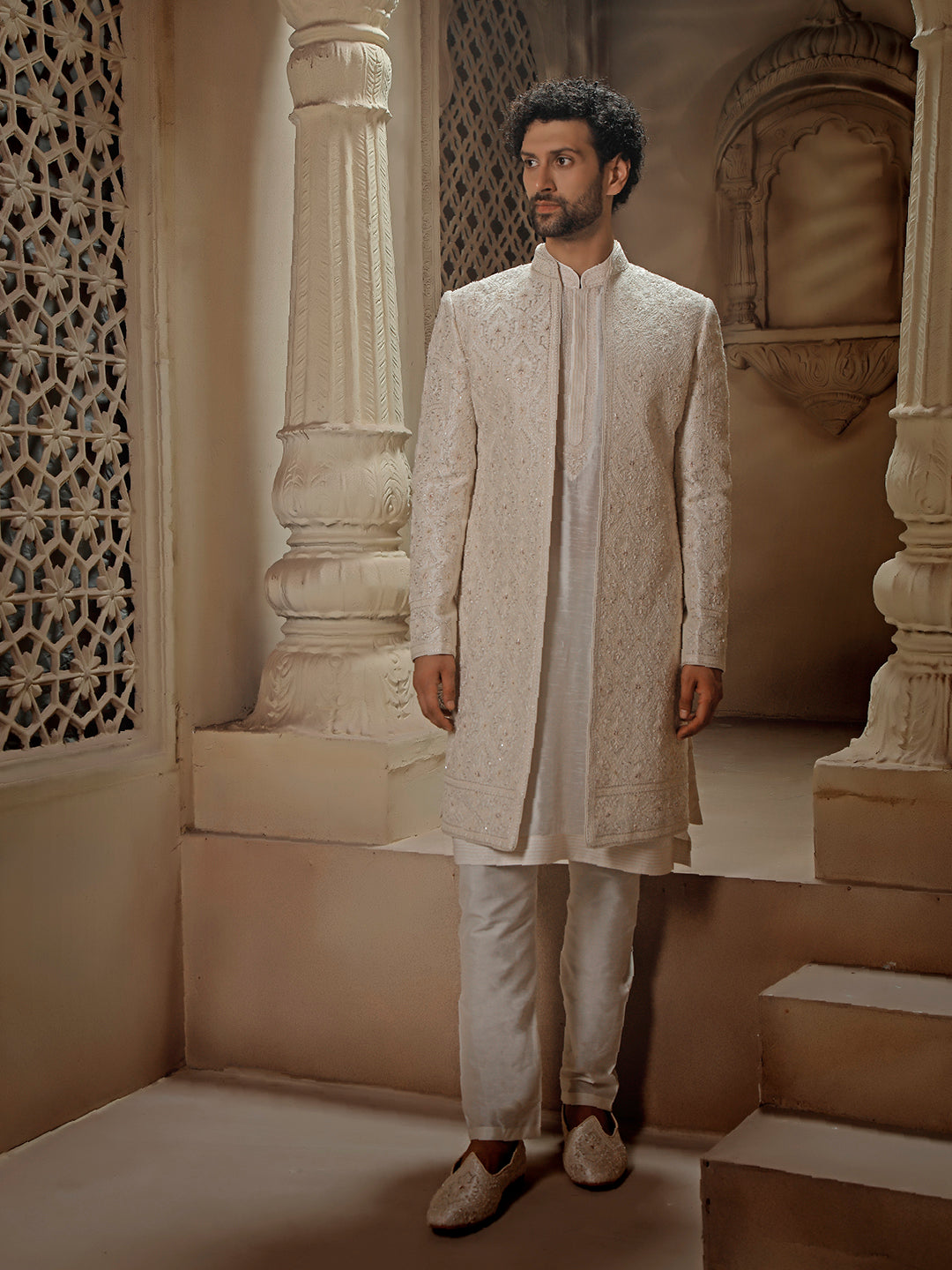 OFFWHITE SHERWANI ALLOVER FINE RESHAM EMBROIDERY