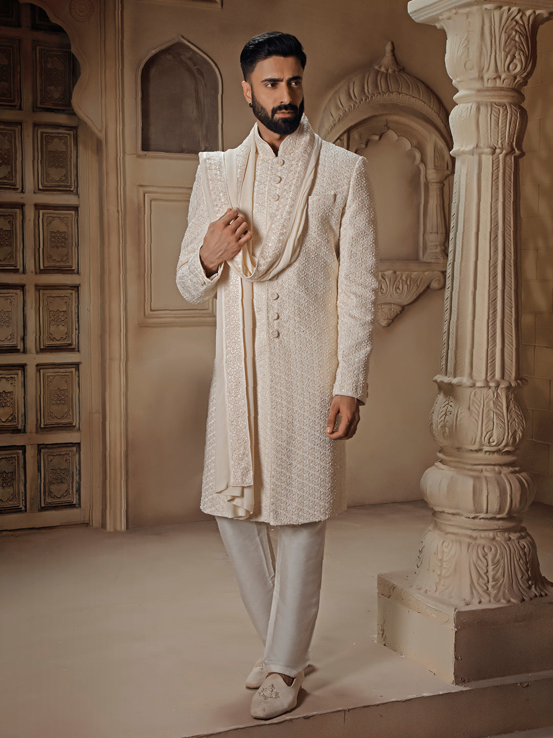 OFFWHITE SHERWANI ALLOVER EMBROIDERY