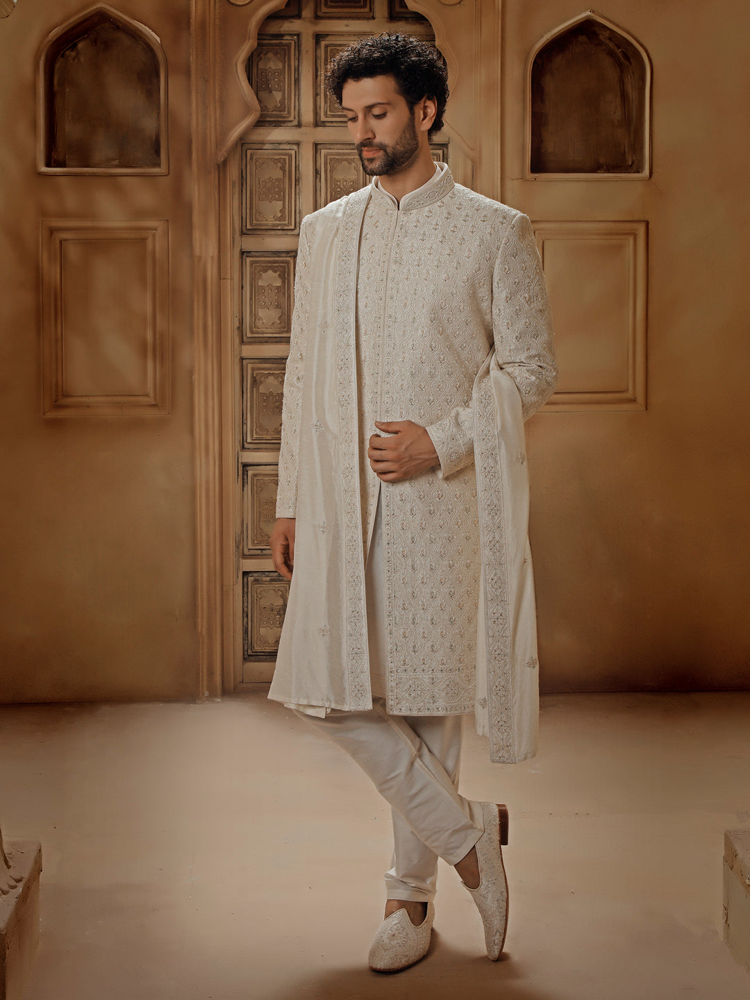 OFFWHITE SHERWANI ALLOVER FINE RESHAM EMBROIDERY