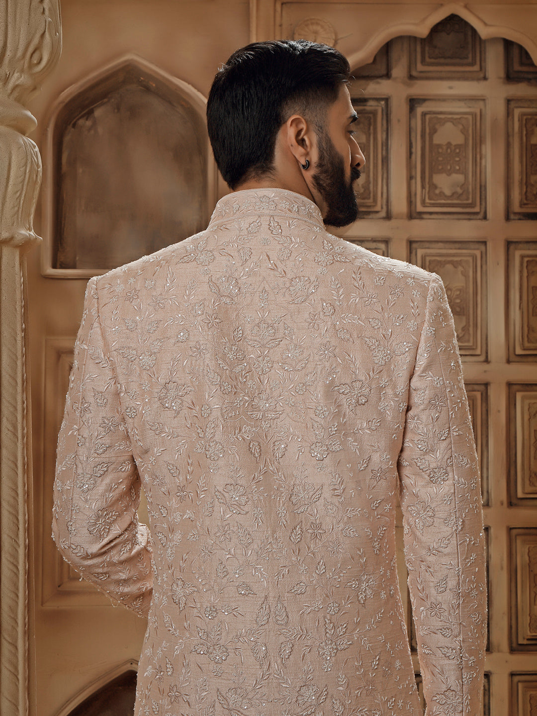 RAWSILK SHERWANI SET WITH ALLOVER EMBROIDERY