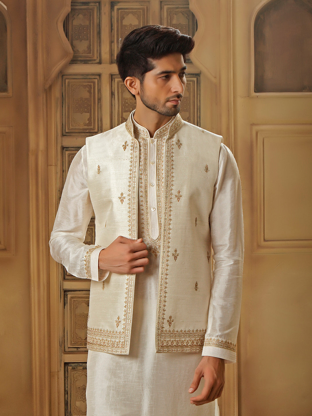 RAWSILK KURTA BUNDI SET WITH GOLD TILLA EMBROIDERY