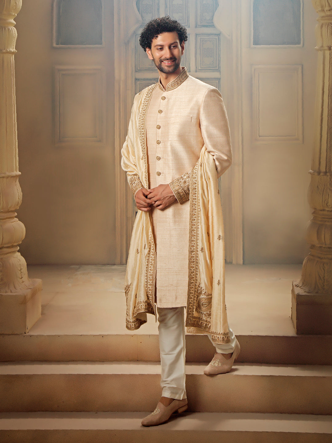 BEIGE SHERWANI WITH TILLA EMBROIDERY