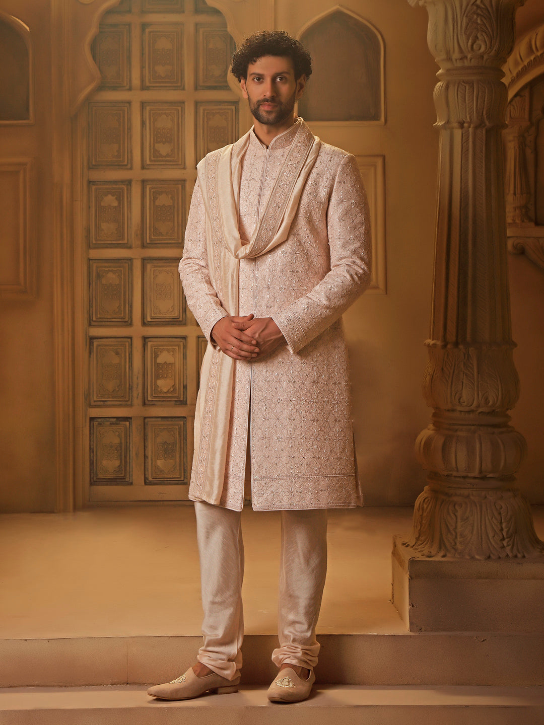 RAWSILK SHERWANI SET WITH ALLOVER EMBROIDERY