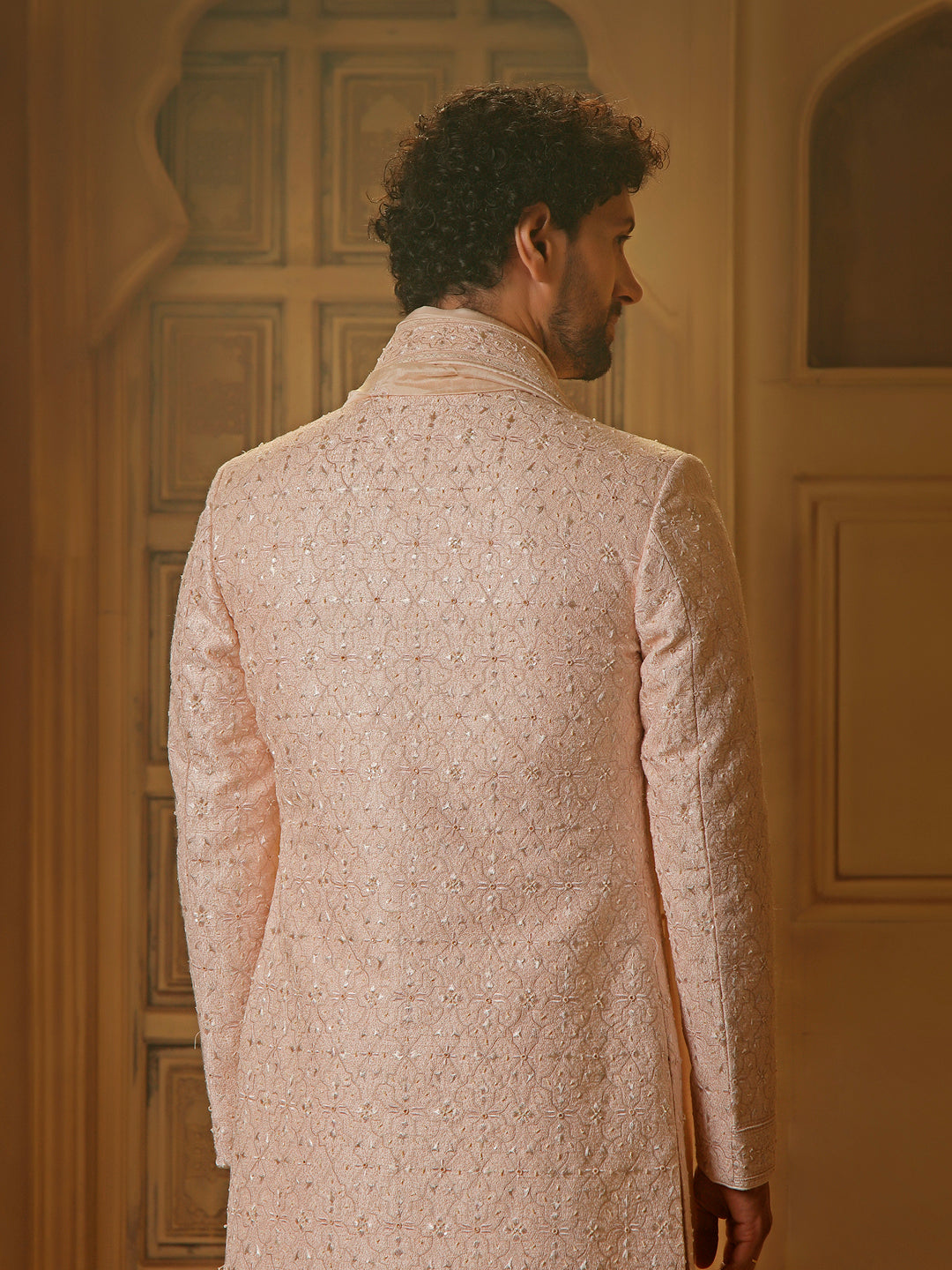 RAWSILK SHERWANI SET WITH ALLOVER EMBROIDERY