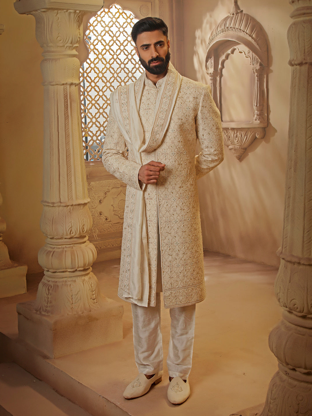 RAWSILK SHERWANI SET WITH ALLOVER EMBROIDERY