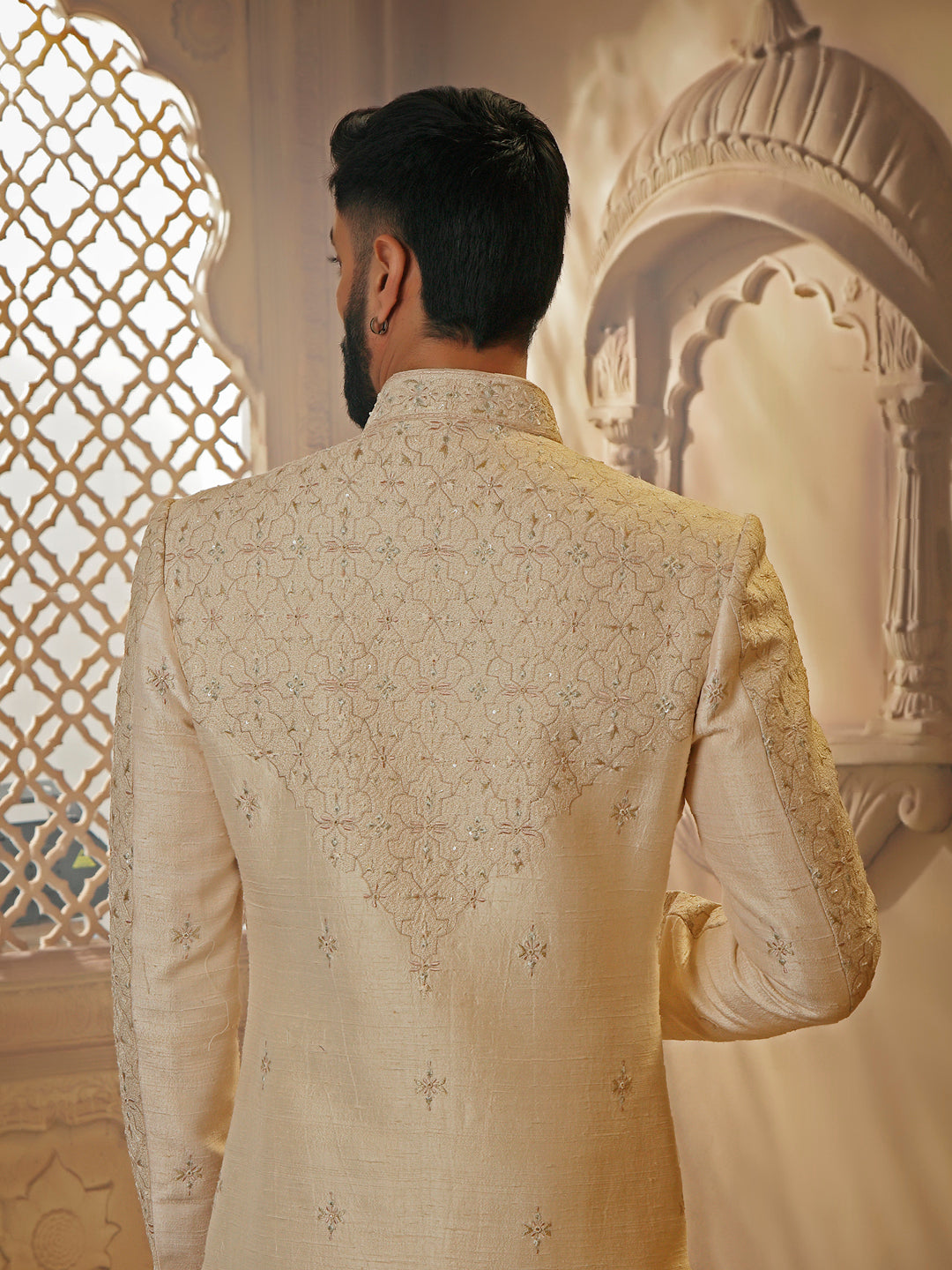 RAWSILK SHERWANI SET WITH ALLOVER EMBROIDERY