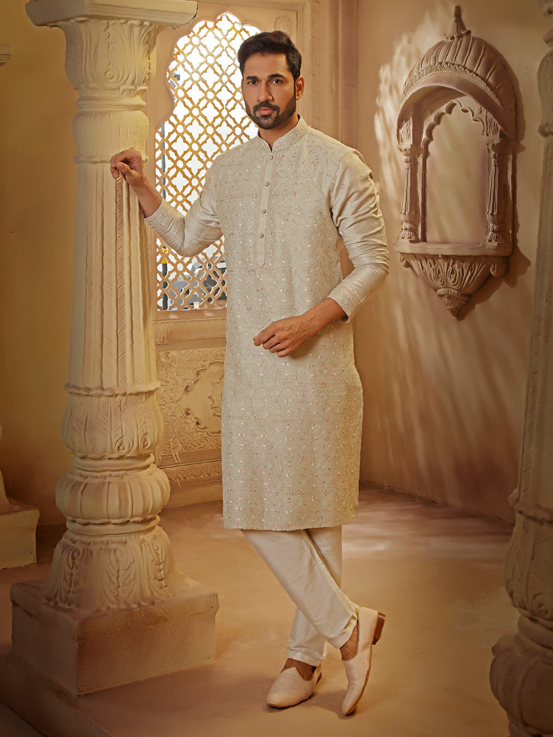 MINT RAWSILK KURTA SET WITH MULTI THREAD EMBROIDERY