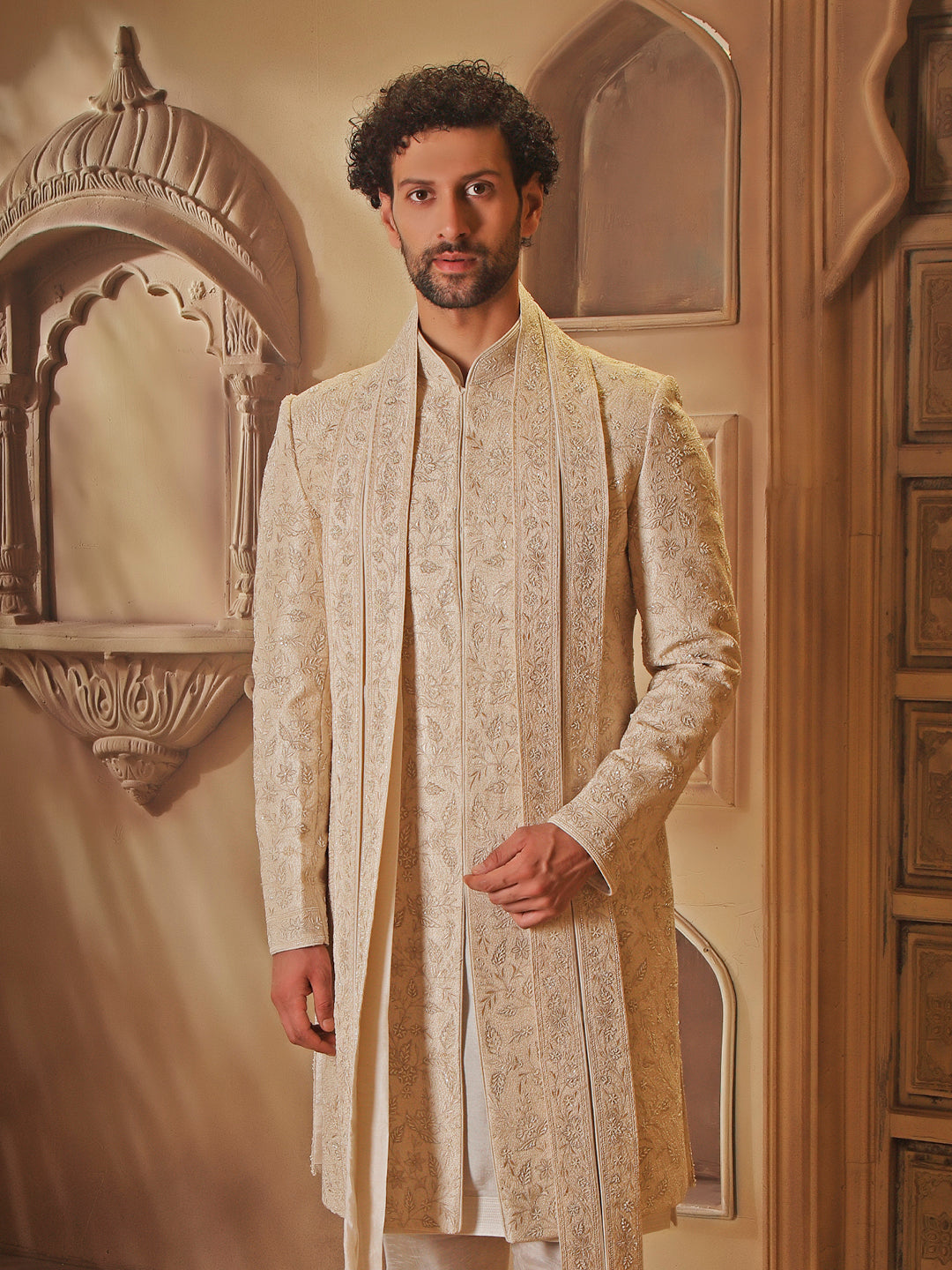 RAWSILK SHERWANI SET WITH ALLOVER EMBROIDERY